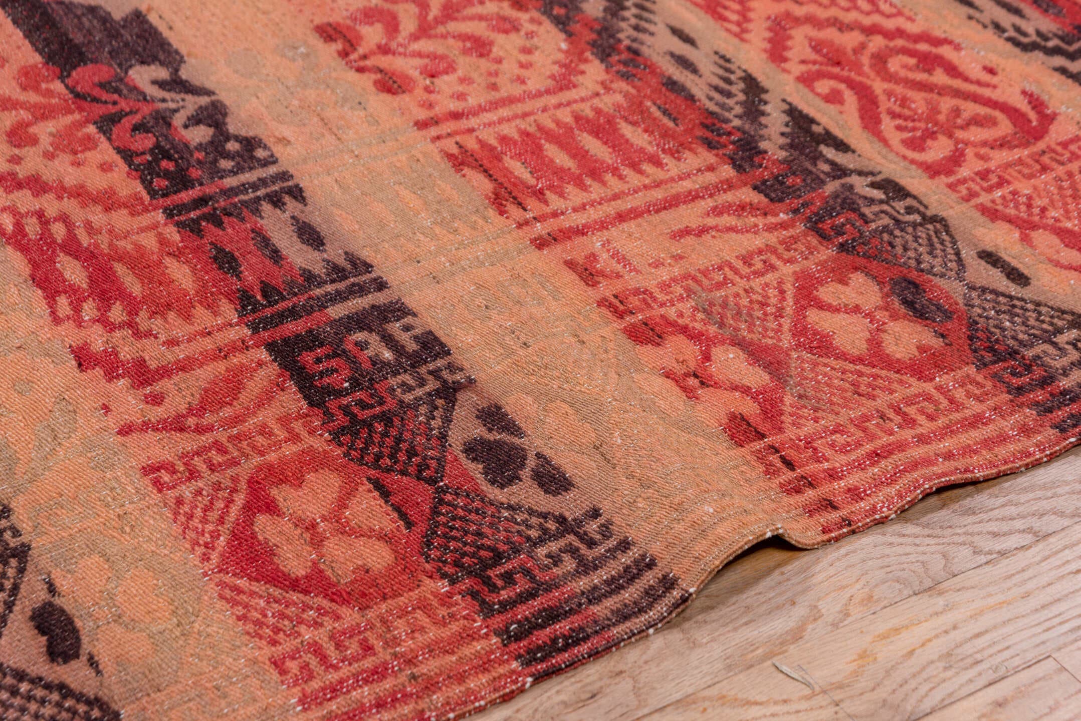 6' x 6' one-of-a-kind handmade antique Kilim rug. Color palette: blush, coral, rust, rose, brown, charcoal, terra cotta