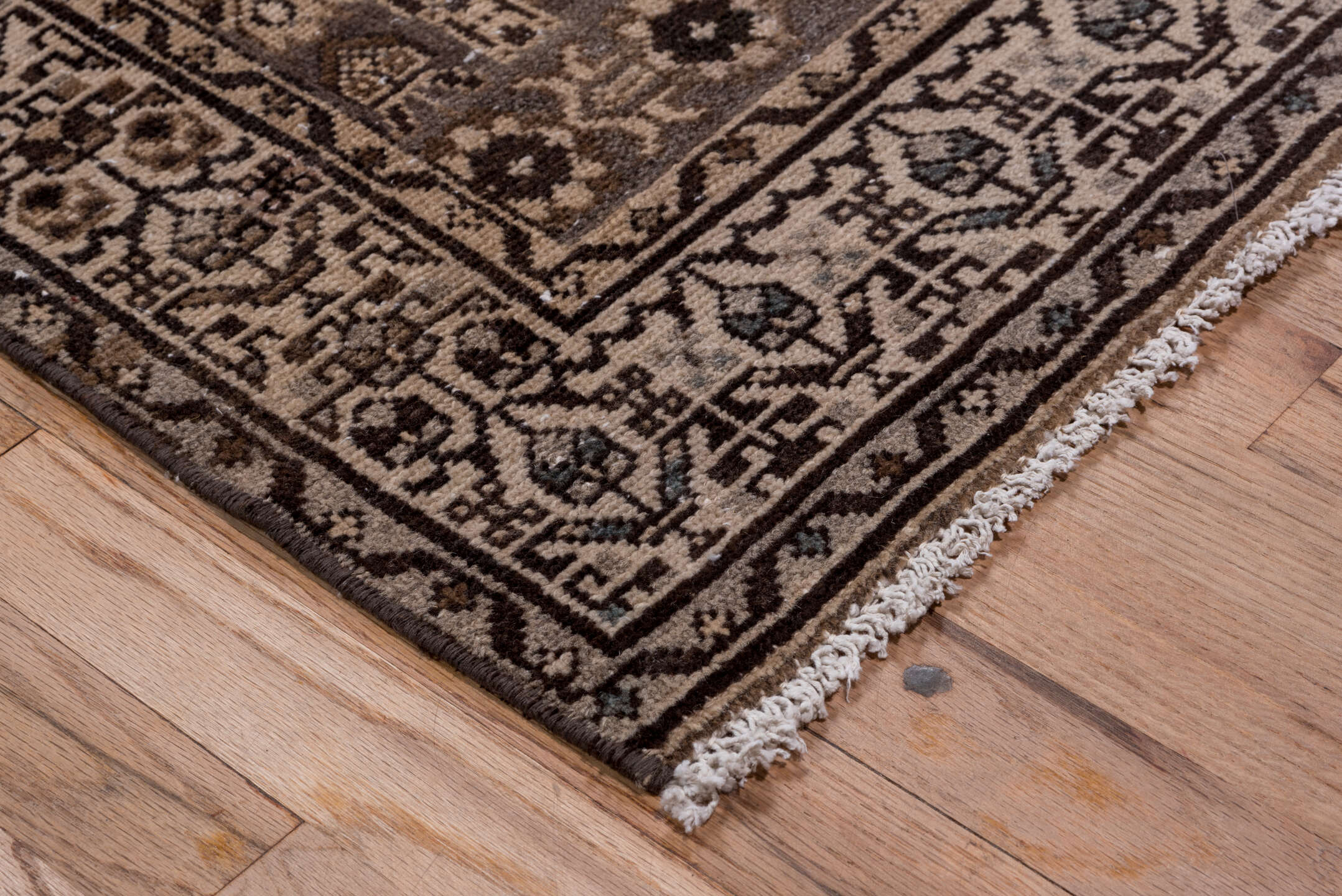 2' x 13' one-of-a-kind handmade vintage Malayer runner rug. Color palette: brown, gray, off-white, pink, snow, white