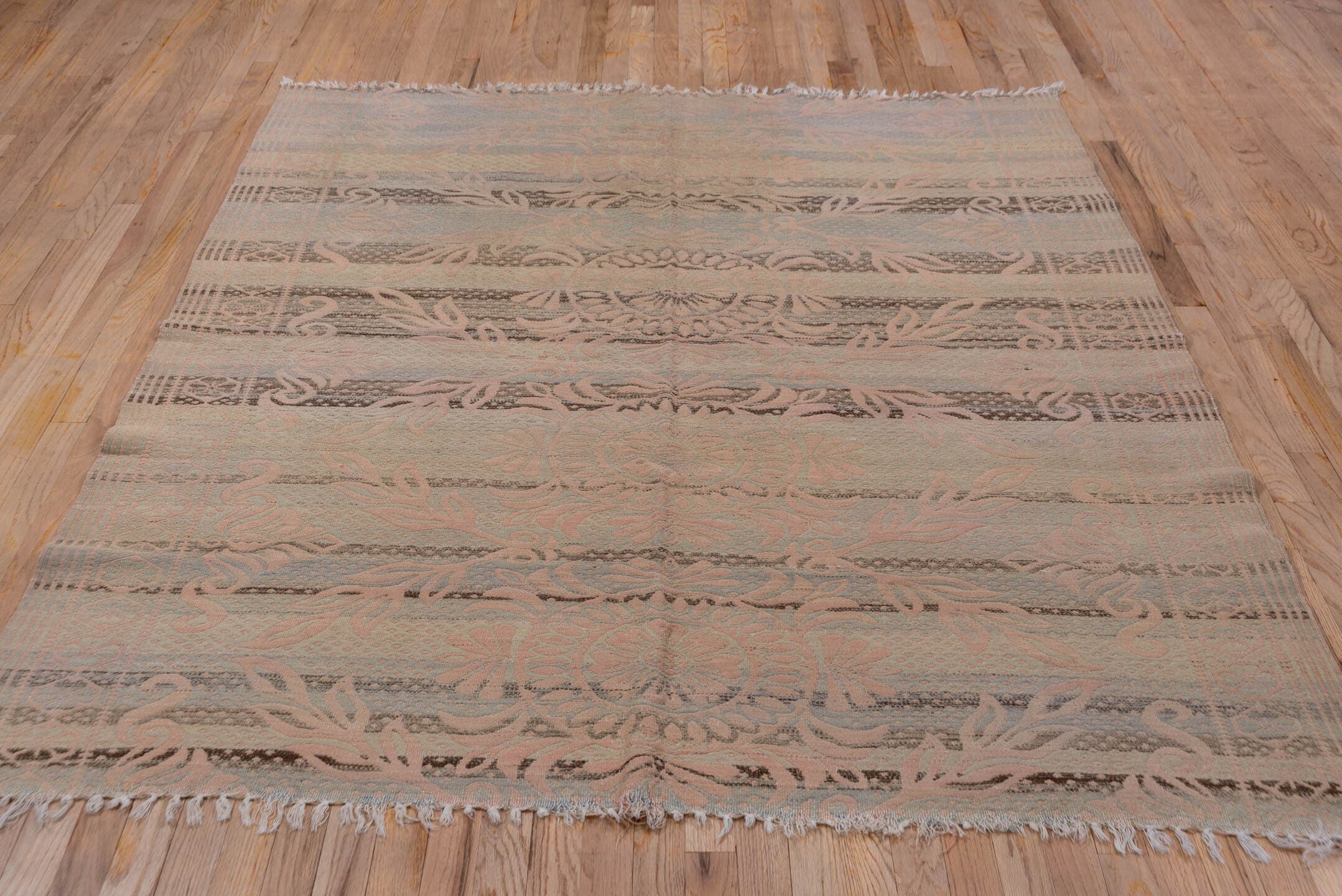 5' x 7' one-of-a-kind handmade antique Kilim rug. Color palette: blush, taupe, dusty rose, gray, beige, charcoal, pink