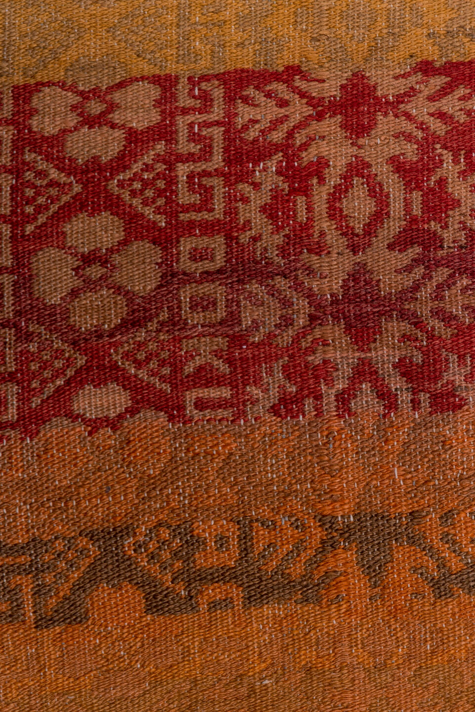 5' x 8' one-of-a-kind handmade antique Kilim medium size rug. Color palette: terra cotta, rust, burgundy, taupe, charcoal