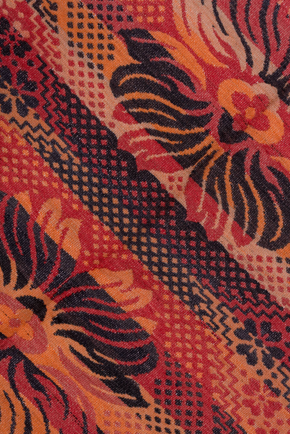 5' x 11' one-of-a-kind handmade antique Kilim rug. Color palette: terra cotta, rust, coral, mahogany, burgundy, rose