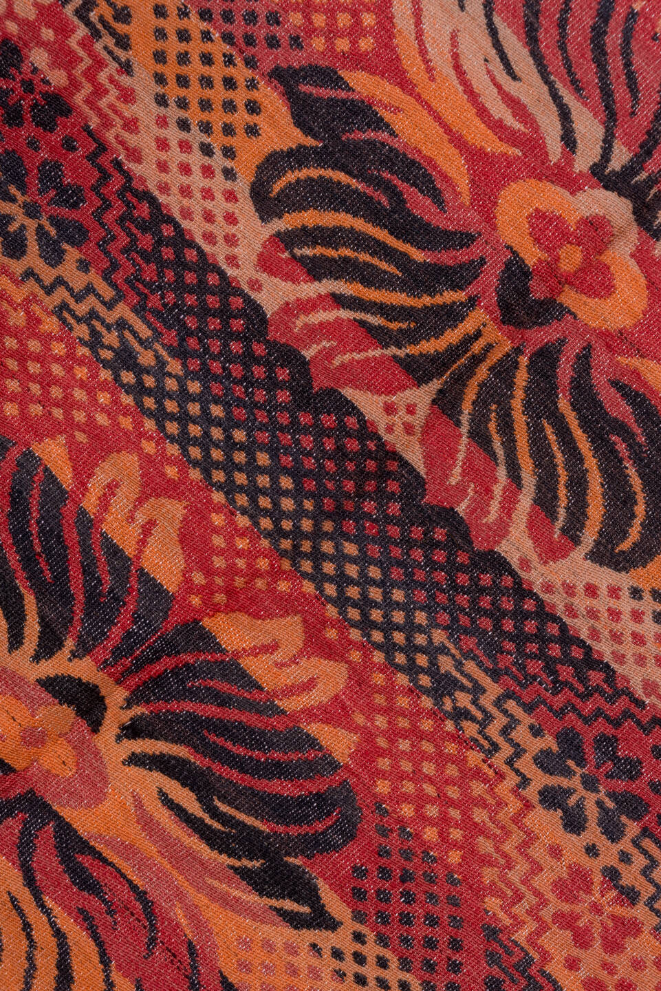 5' x 11' one-of-a-kind handmade antique Kilim rug. Color palette: terra cotta, rust, coral, mahogany, burgundy, rose