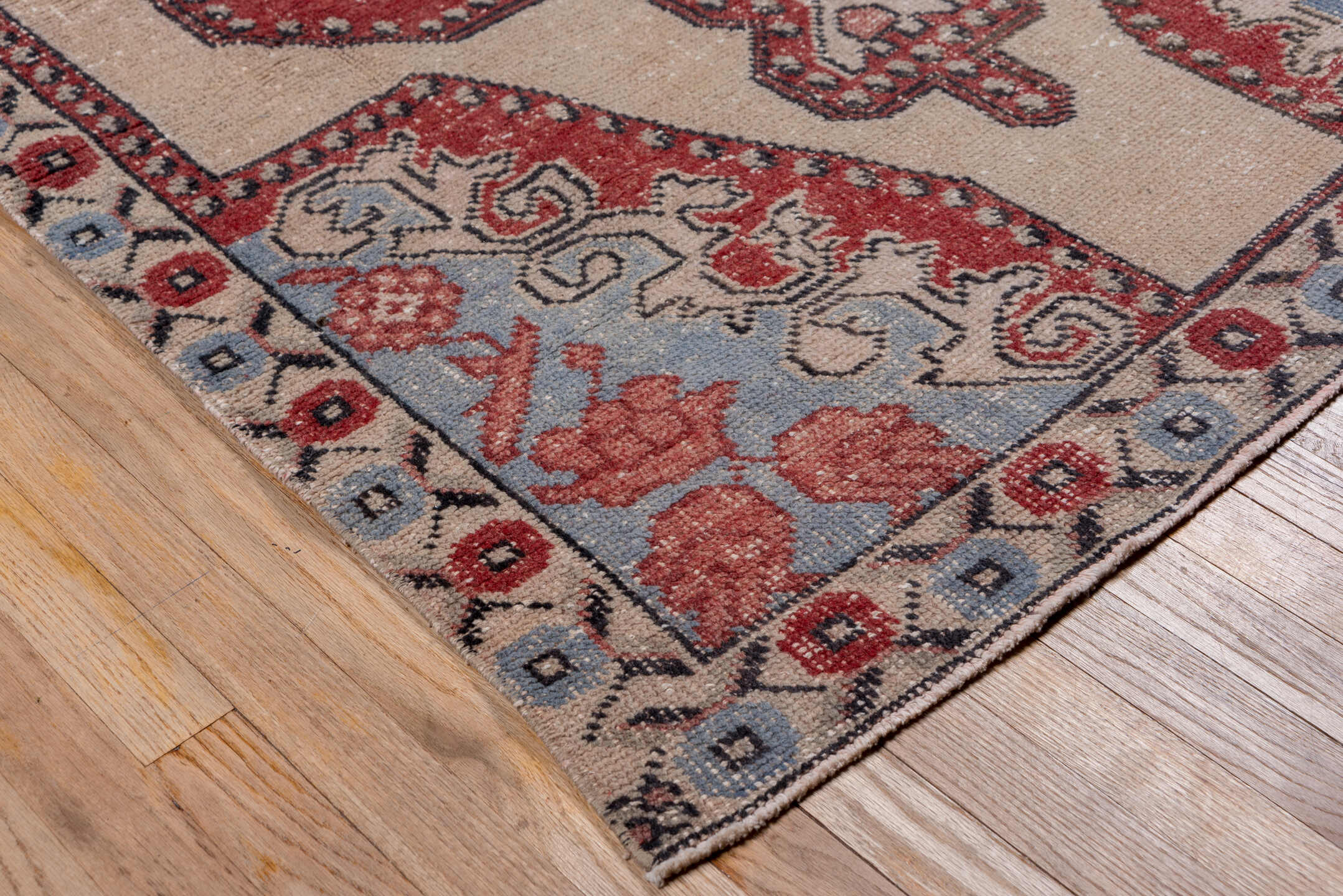 4' x 7' one-of-a-kind handmade vintage Oushak rug. Color palette: black, blue, brown, gray, light gray, off-white, pink, red