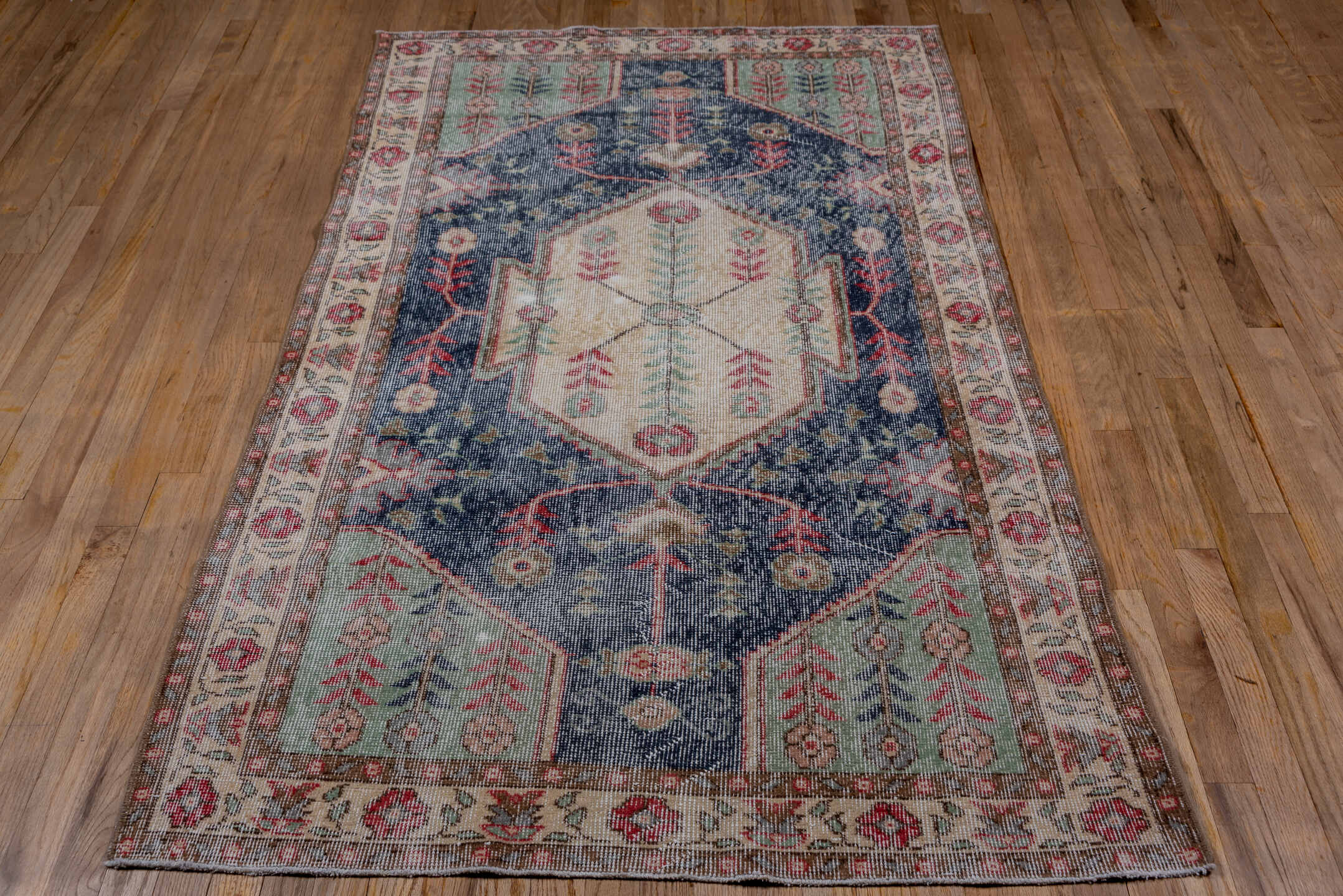 3' x 6' one-of-a-kind handmade vintage Oushak small size rug. Color palette: ivory, slate, sage, coral, rose, taupe, gray