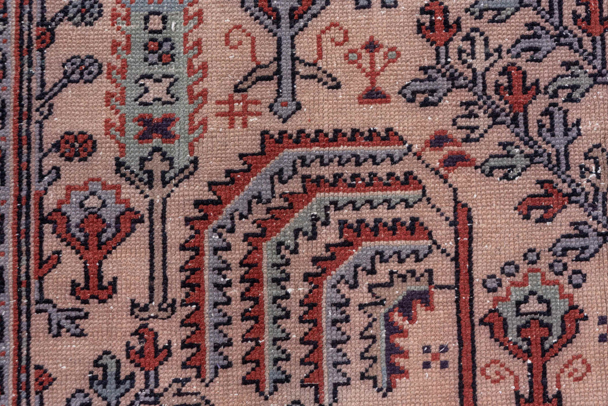 7' x 9' one-of-a-kind handmade antique Oushak rug. Color palette: ivory, rust, slate, charcoal, rose, crimson, terracotta