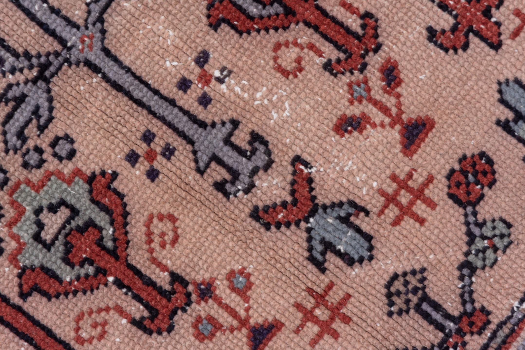 7' x 9' one-of-a-kind handmade vintage Oushak rug. Color palette: blue, brown, gray, pink, red, rosy brown, wine