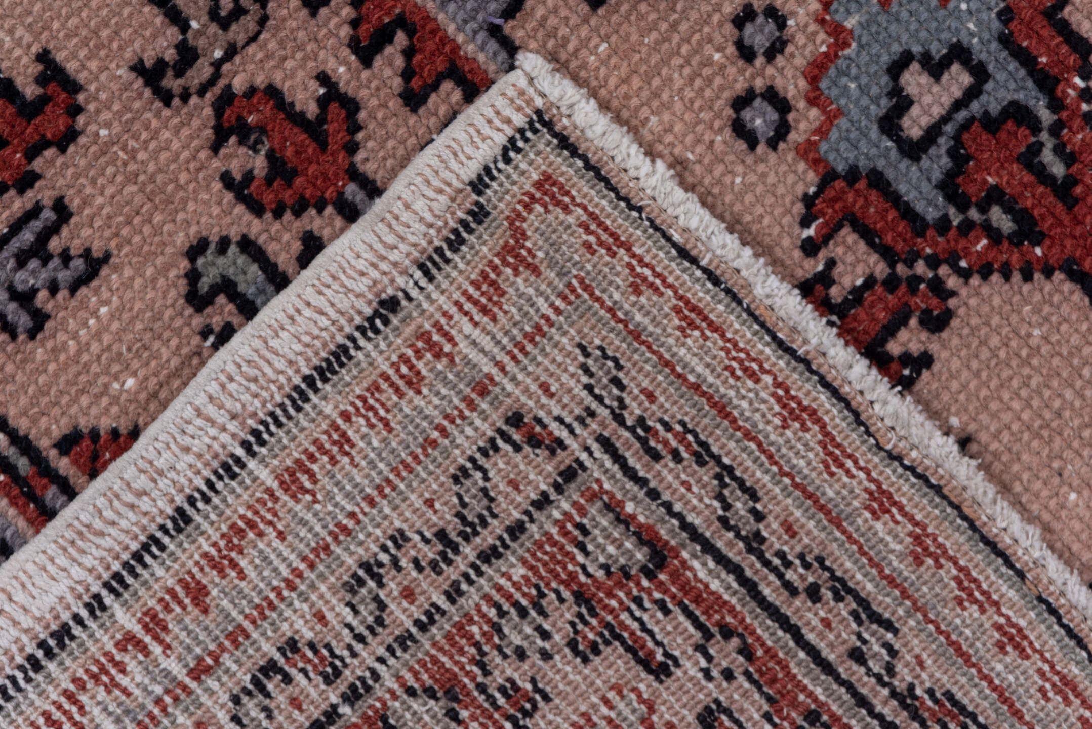 7' x 9' one-of-a-kind handmade vintage Oushak rug. Color palette: blue, brown, gray, pink, red, rosy brown, wine
