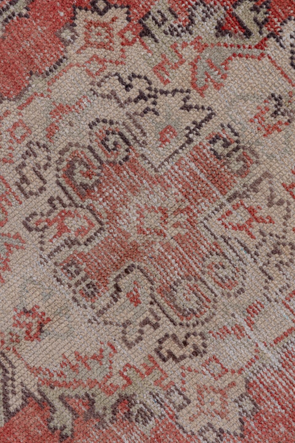 2' x 10' one-of-a-kind handmade antique Oushak runner rug. Color palette: coral, ivory, rose, burgundy, taupe, sage