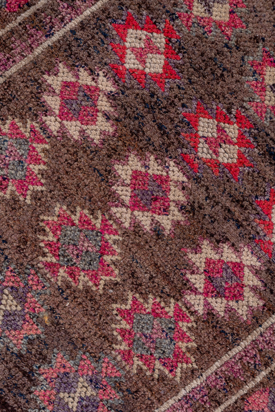 3' x 12' one-of-a-kind handmade vintage Kars runner rug. Color palette: brown, gray, light gray, pink, red