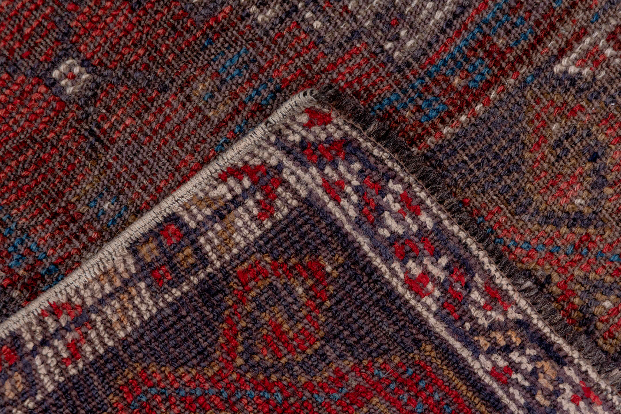 4' x 10' one-of-a-kind handmade vintage Oushak runner rug. Color palette: brown, gray, light gray, pink, red, wine
