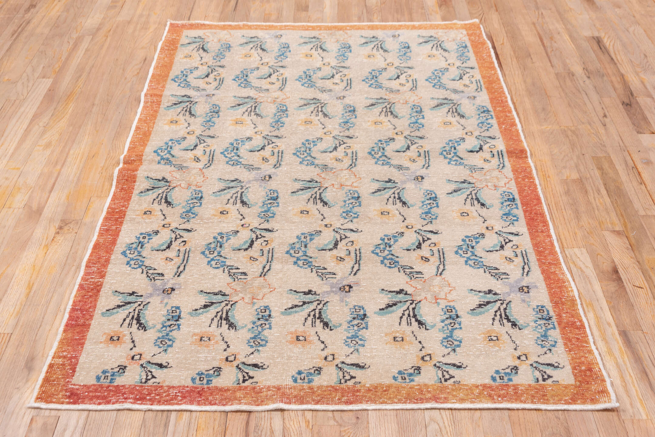 4' x 6' one-of-a-kind handmade vintage Oushak small size rug. Color palette: beige, terra cotta, sky blue, teal, ivory, gold