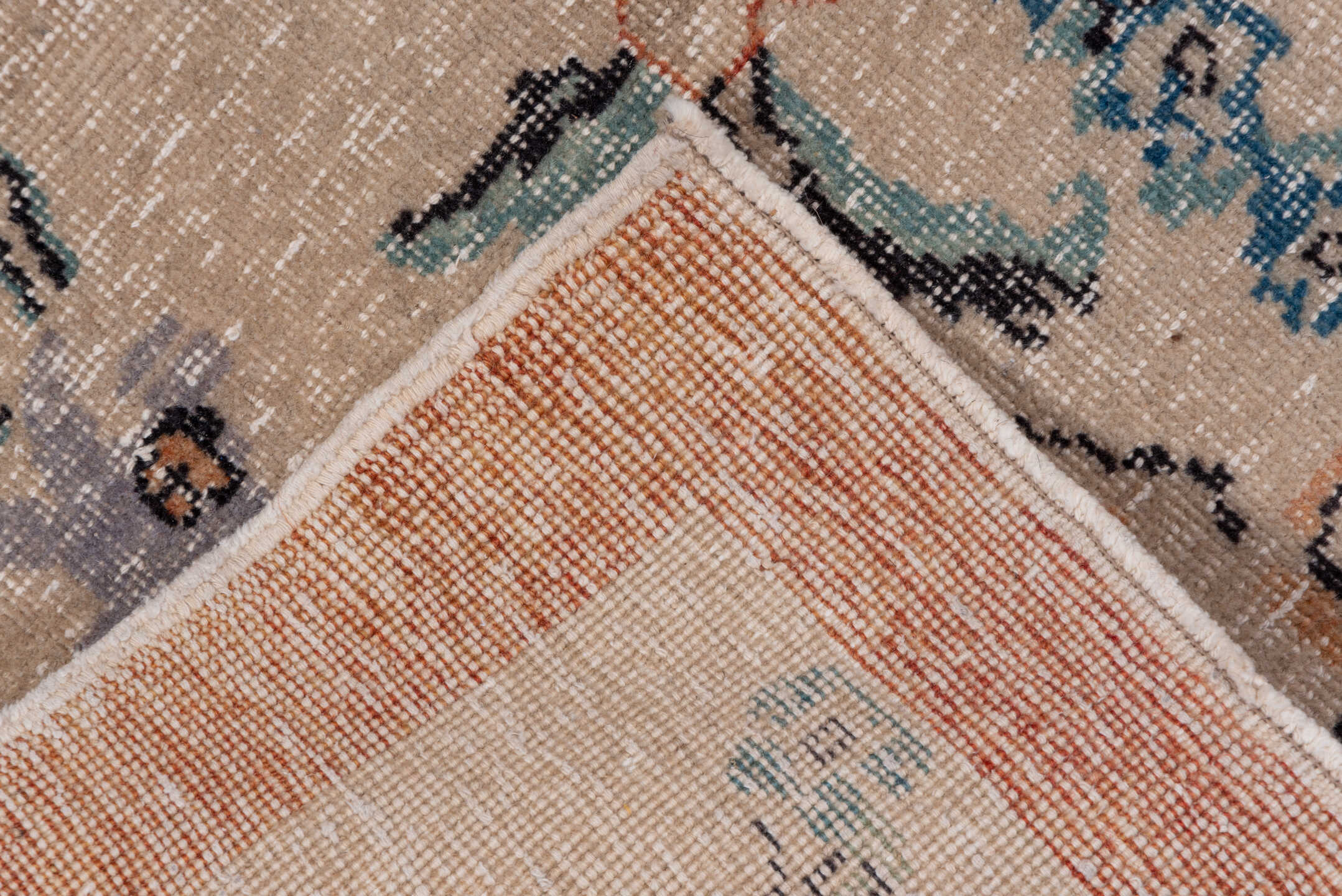 4' x 6' one-of-a-kind handmade vintage Oushak small size rug. Color palette: beige, terra cotta, sky blue, teal, ivory, gold
