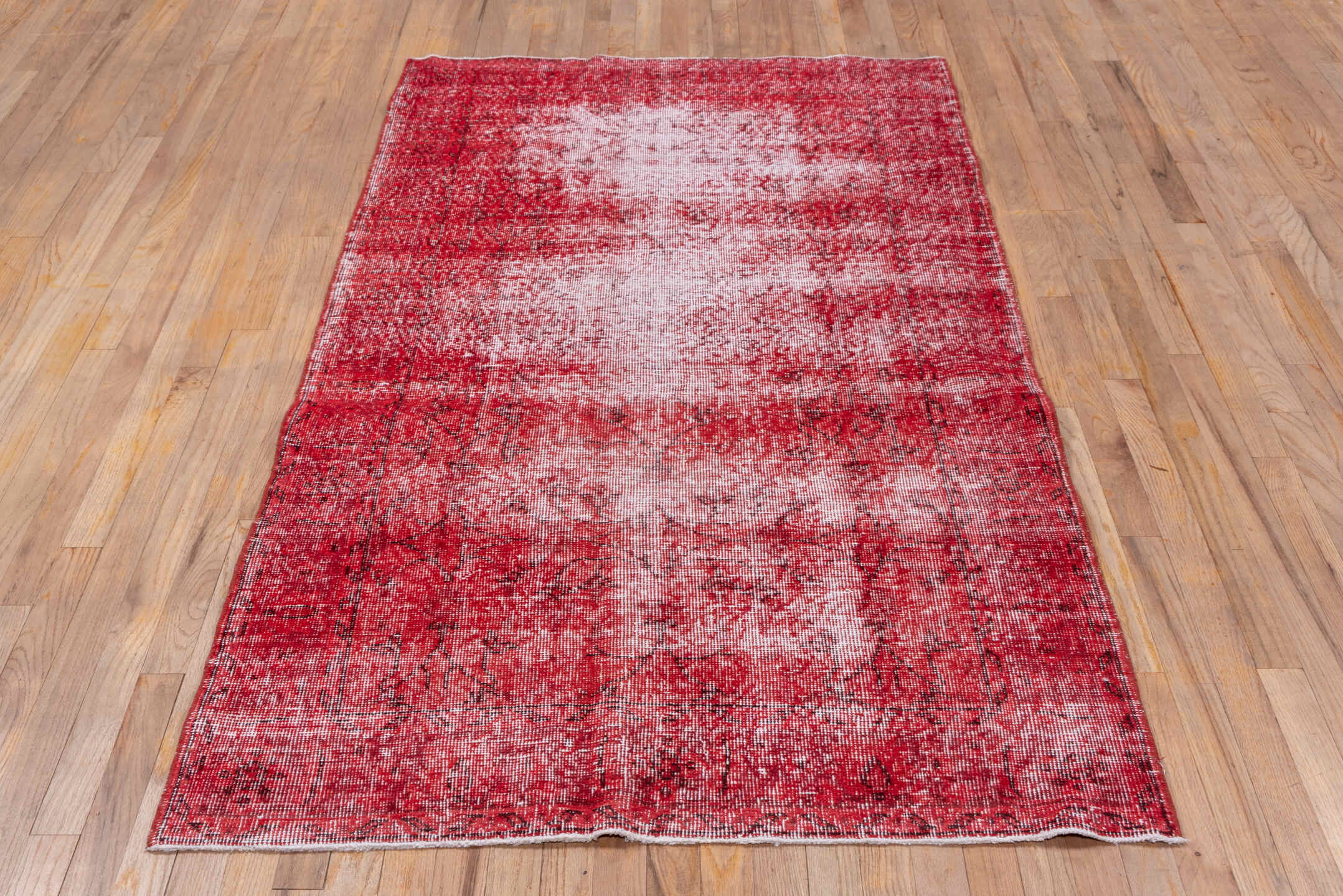 3' x 7' one-of-a-kind handmade vintage Overdyed rug. Color palette: crimson, rose, burgundy, ivory, red, pink