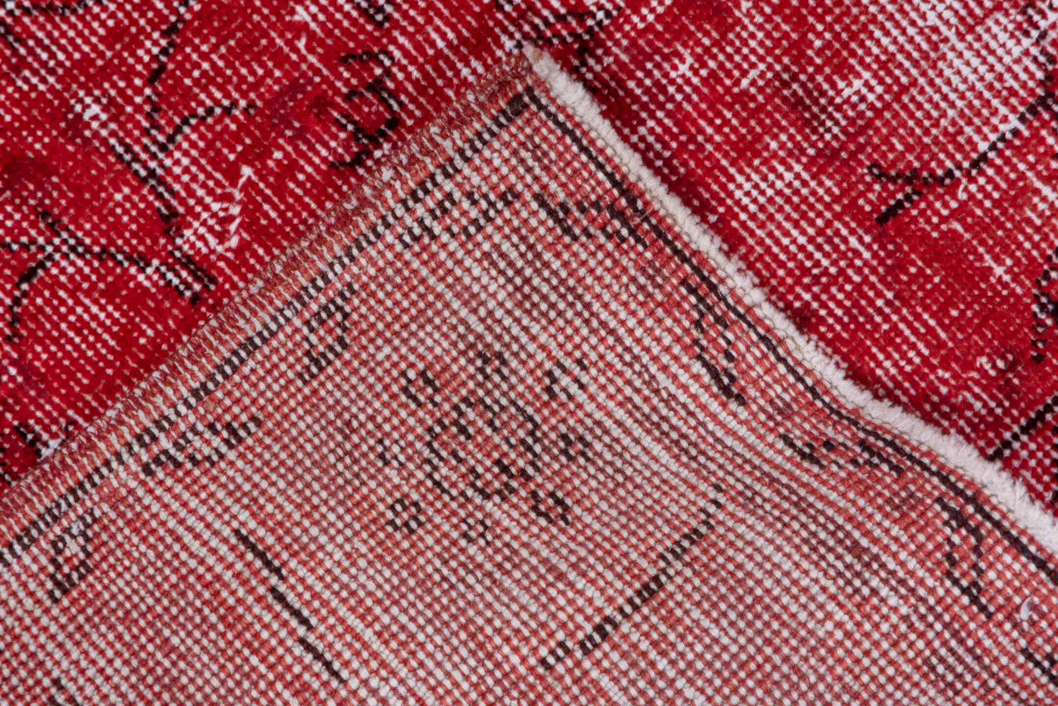 3' x 7' one-of-a-kind handmade vintage Overdyed rug. Color palette: crimson, rose, burgundy, ivory, red, pink