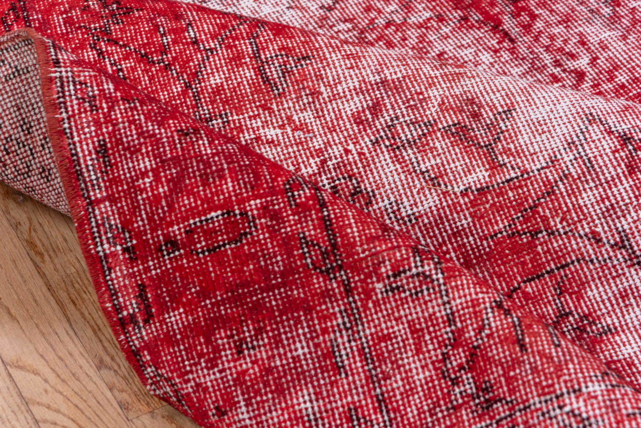3' x 7' one-of-a-kind handmade vintage Overdyed rug. Color palette: crimson, rose, burgundy, ivory, red, pink