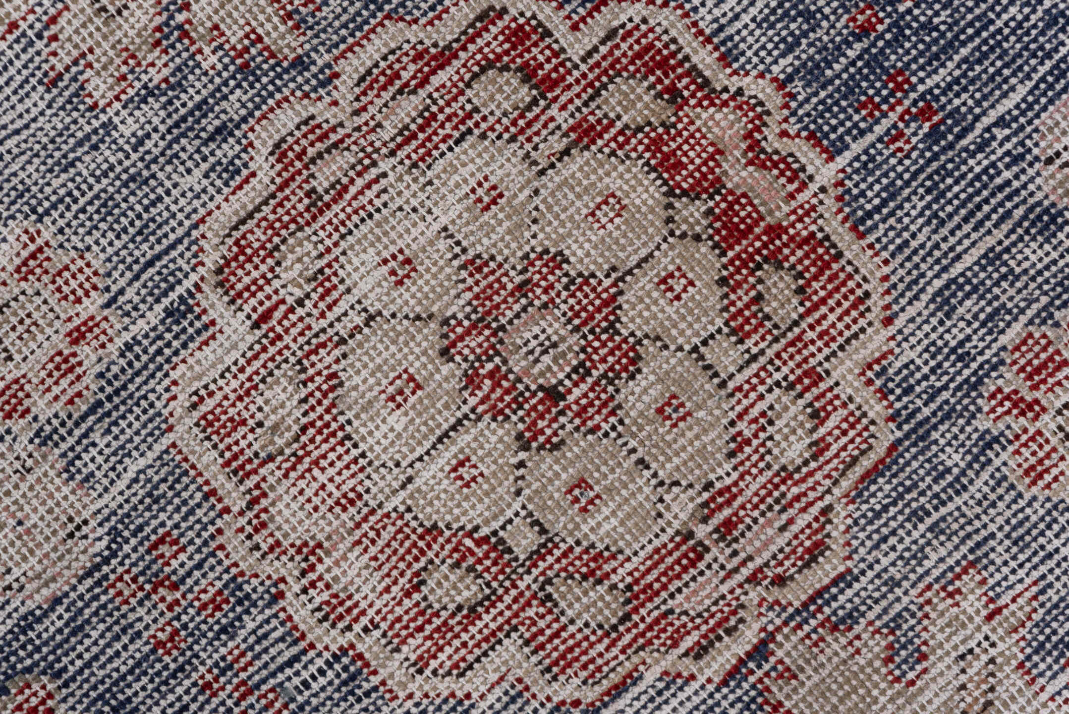 4' x 9' one-of-a-kind handmade vintage Oushak rug. Color palette: burgundy, dusty blue, rose, ivory, charcoal, taupe, blue