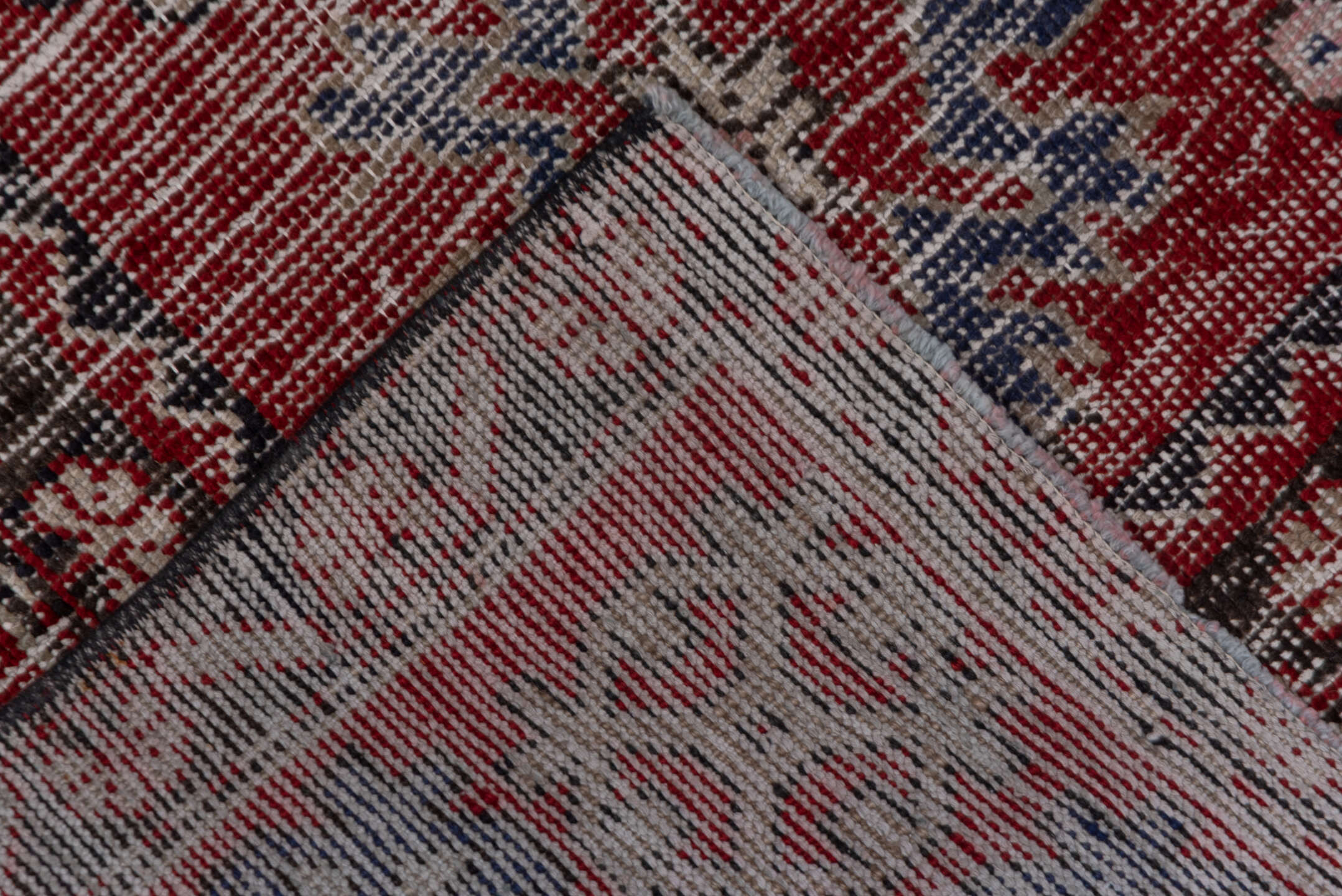 4' x 9' one-of-a-kind handmade vintage Oushak rug. Color palette: burgundy, dusty blue, rose, ivory, charcoal, taupe, blue