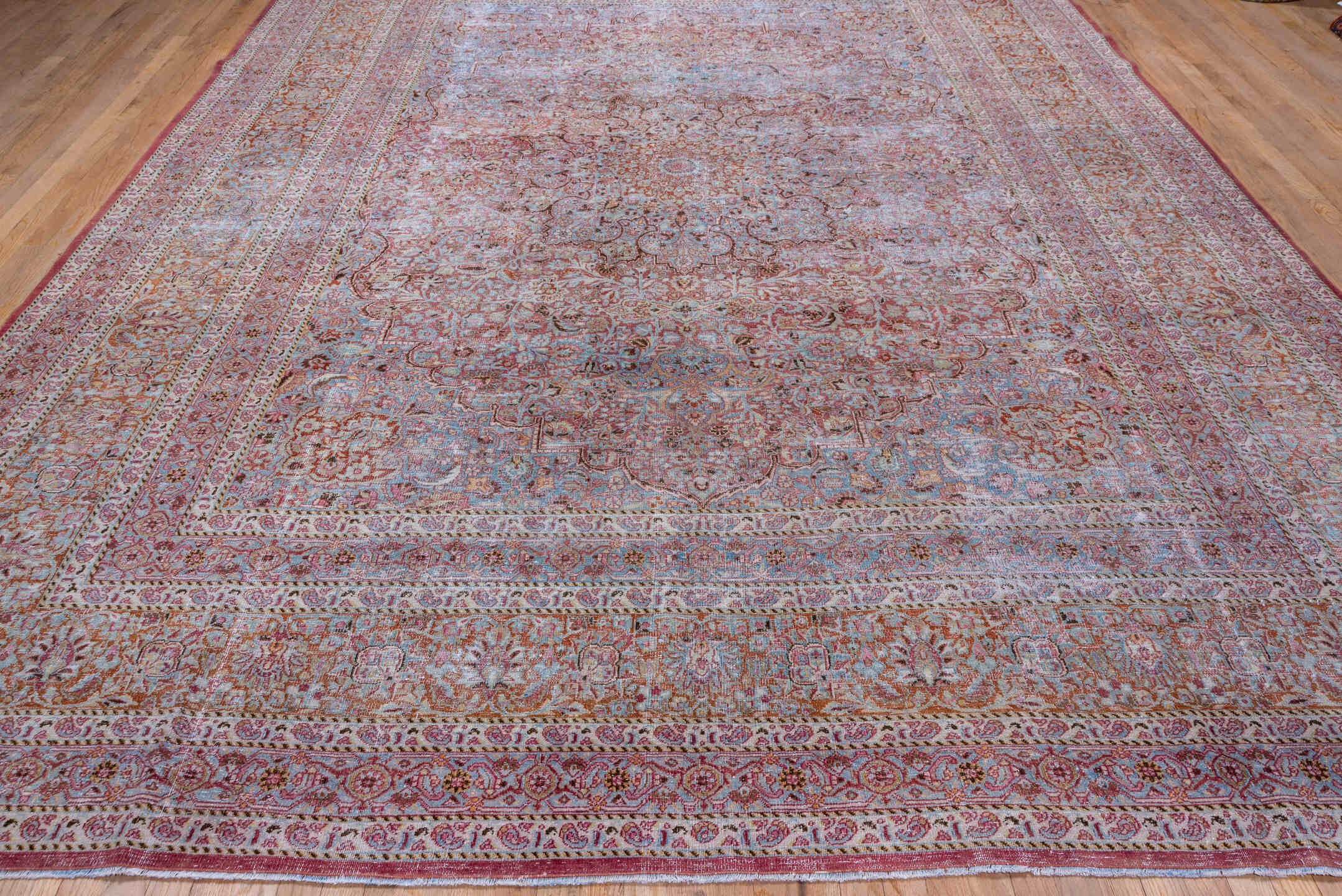 10' x 13' one-of-a-kind handmade vintage Khorassan large size rug. Color palette: blue, brown, gray, light blue, light gray