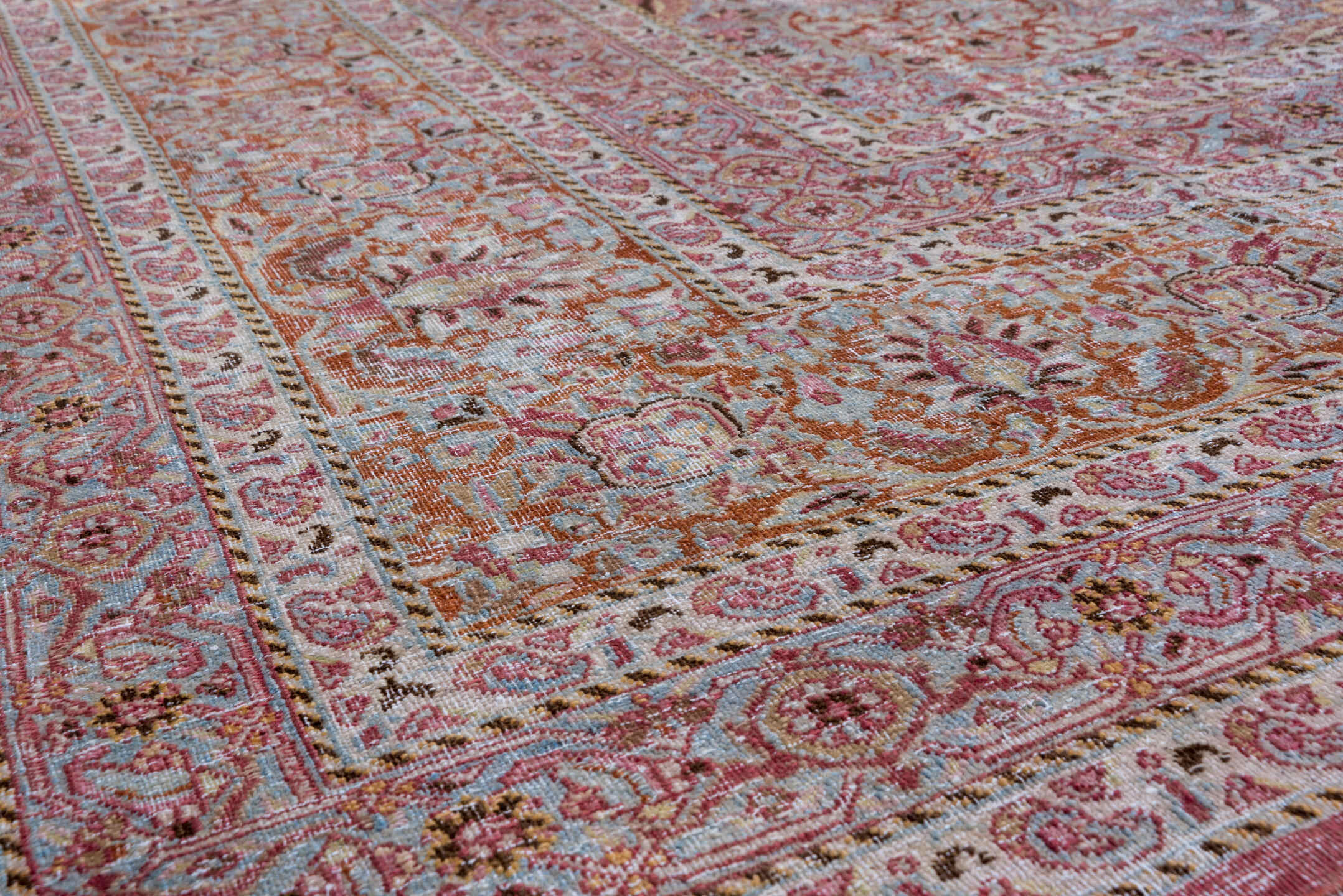 10' x 13' one-of-a-kind handmade vintage Khorassan large size rug. Color palette: blue, brown, gray, light blue, light gray