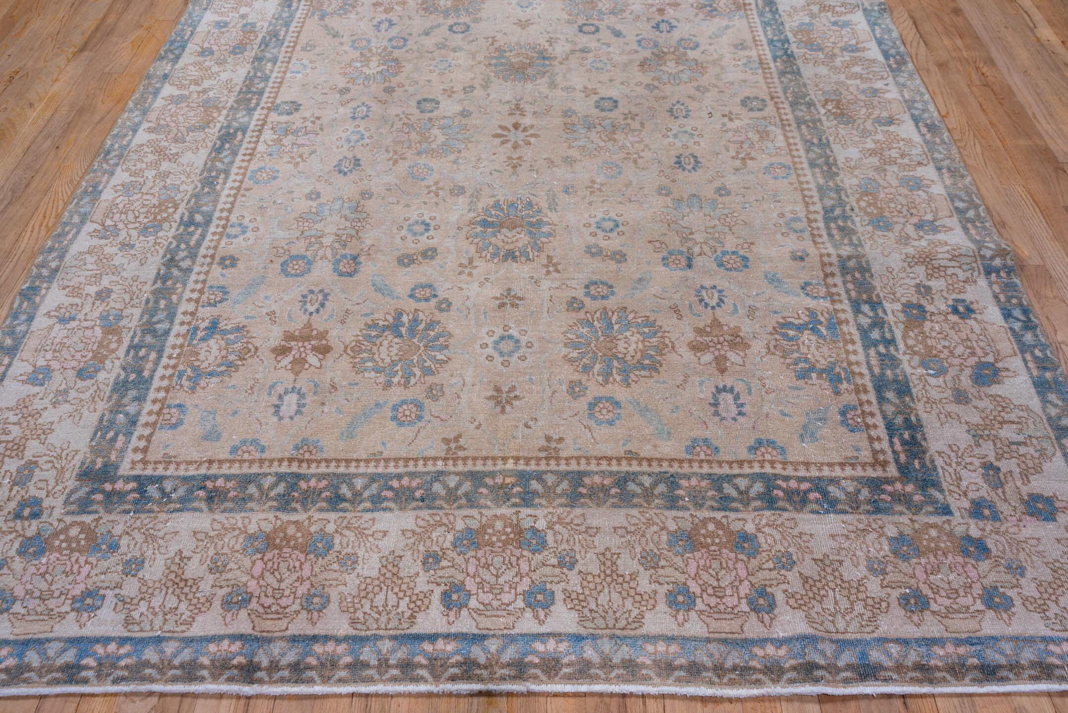 7' x 10' one-of-a-kind handmade antique Tabriz large size rug. Color palette: ivory, sky blue, taupe, beige, slate, camel