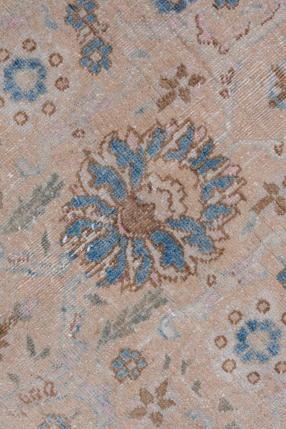 7' x 10' one-of-a-kind handmade antique Tabriz large size rug. Color palette: ivory, sky blue, taupe, beige, slate, camel
