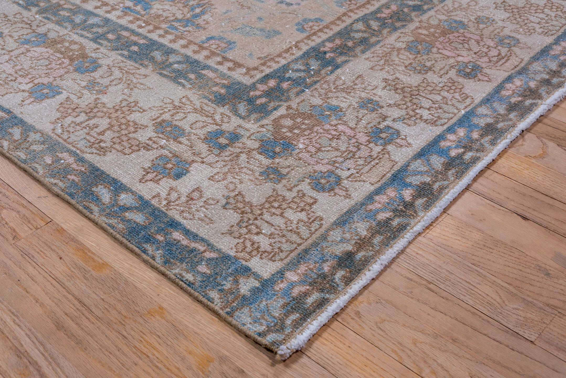7' x 10' one-of-a-kind handmade antique Tabriz large size rug. Color palette: ivory, sky blue, taupe, beige, slate, camel