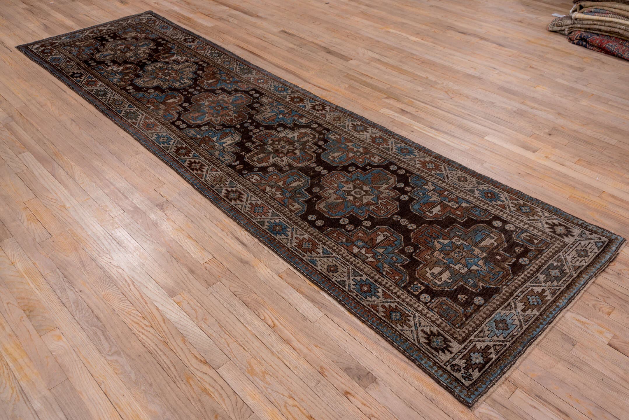 3' x 12' one-of-a-kind handmade antique Malayer runner rug. Color palette: brown, ivory, sky blue, taupe, rust, charcoal