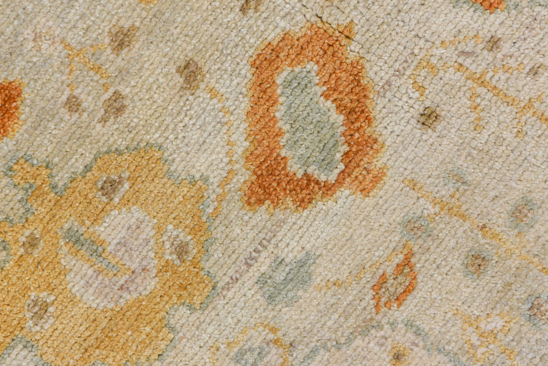 8' x 9' one-of-a-kind handmade vintage Oushak rug. Color palette: ivory, pale blue, gold, sand, taupe, terra cotta