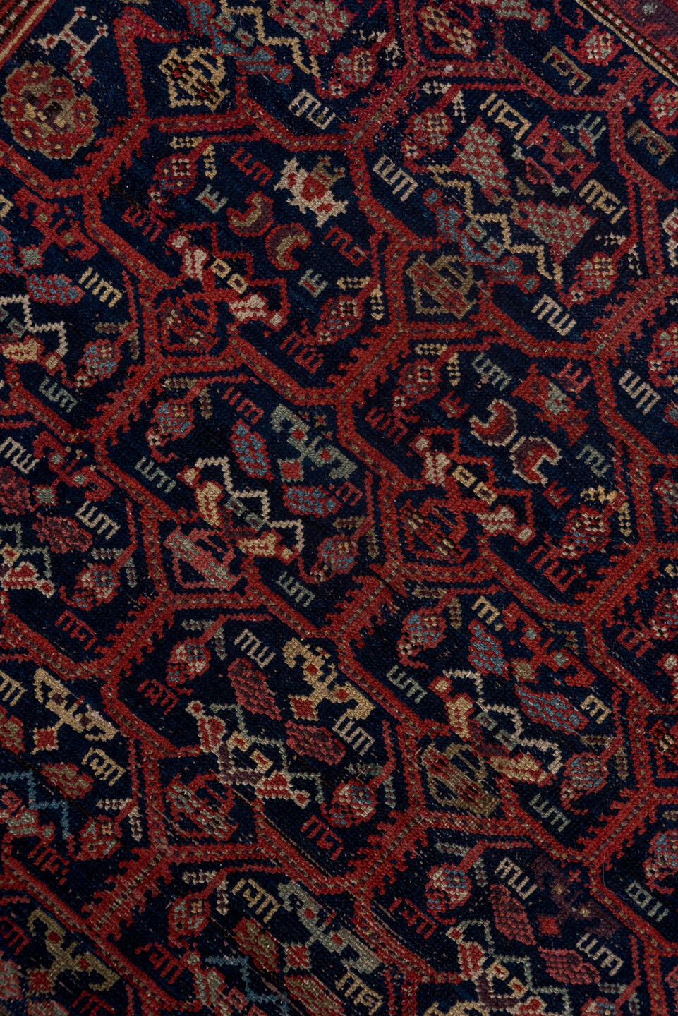 5' x 12' one-of-a-kind handmade vintage Malayer rug. Color palette: blue, brown, gray, pink, red, redwood