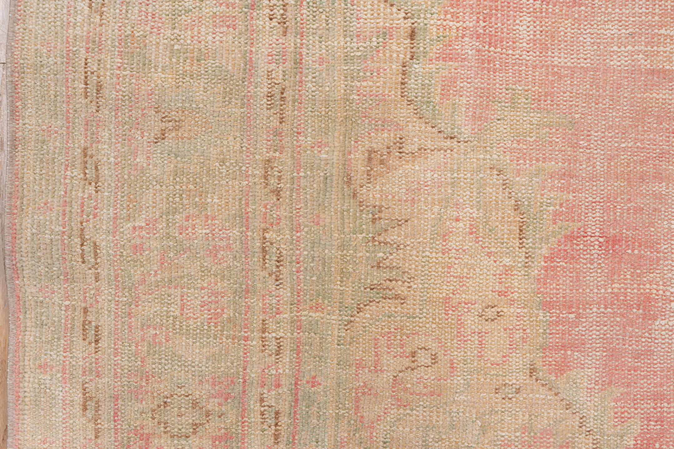 6' x 10' one-of-a-kind handmade vintage Oushak large size rug. Color palette: ivory, blush, cream, pale peach, sage, taupe