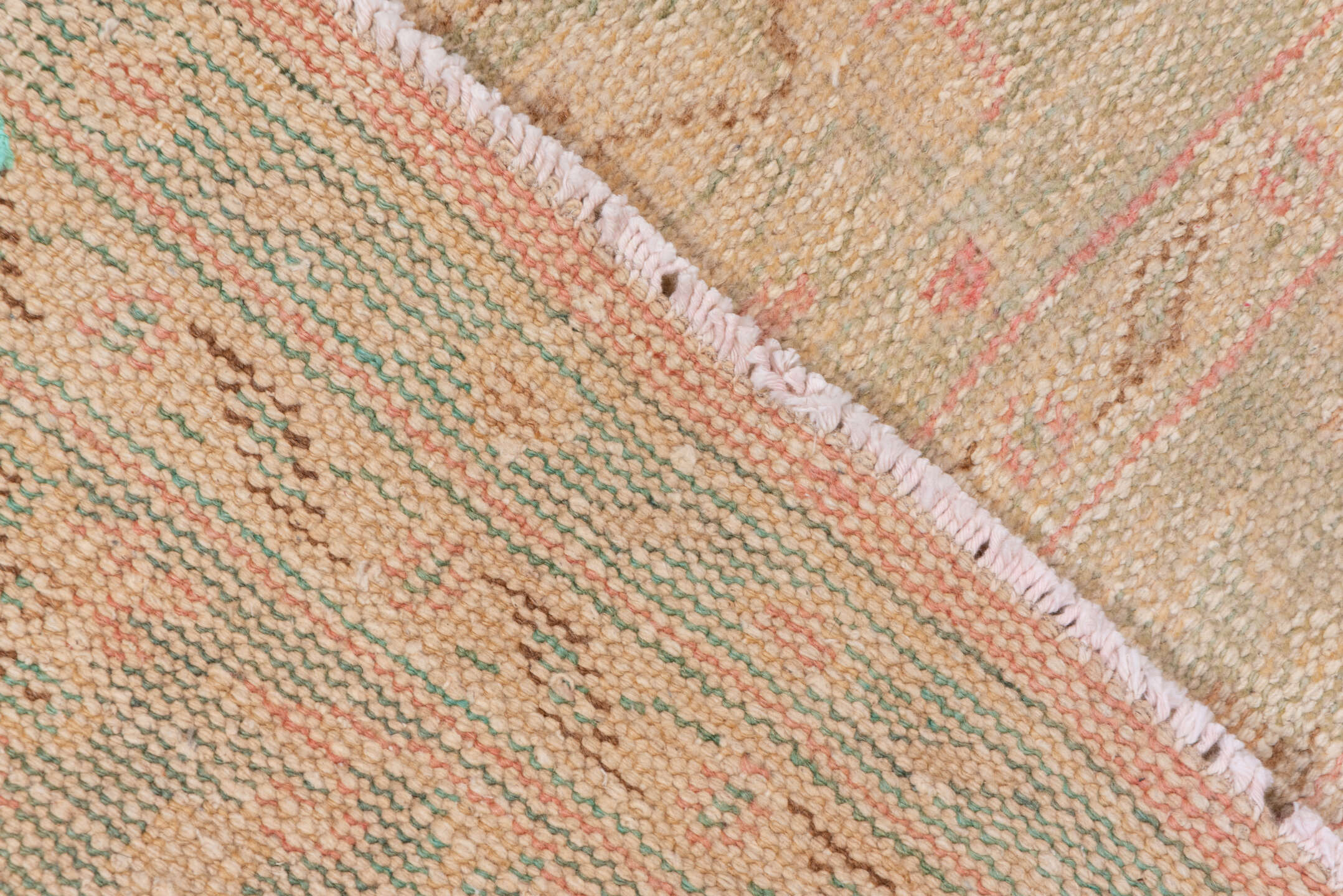 6' x 10' one-of-a-kind handmade vintage Oushak large size rug. Color palette: ivory, blush, cream, pale peach, sage, taupe