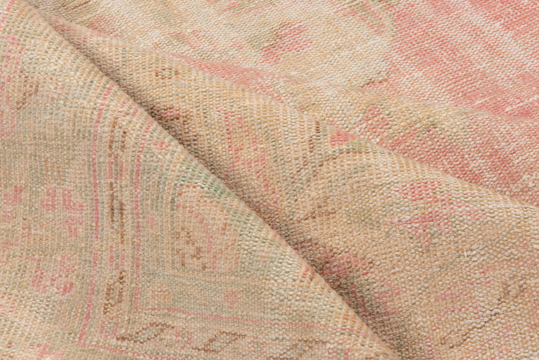 6' x 10' one-of-a-kind handmade vintage Oushak large size rug. Color palette: ivory, blush, cream, pale peach, sage, taupe