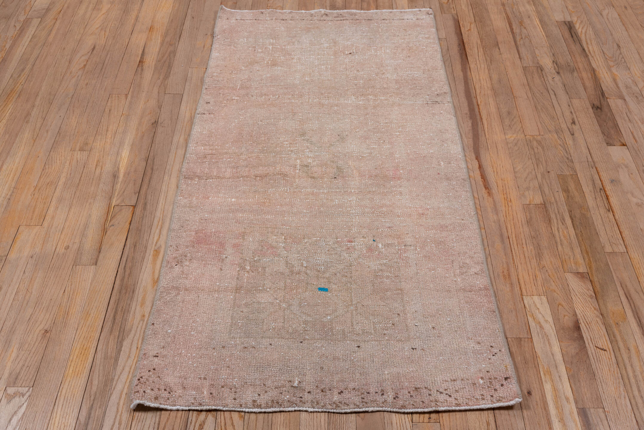 2' x 5' one-of-a-kind handmade vintage Oushak small size rug. Color palette: blush, ivory, taupe, beige, rose, camel, pink