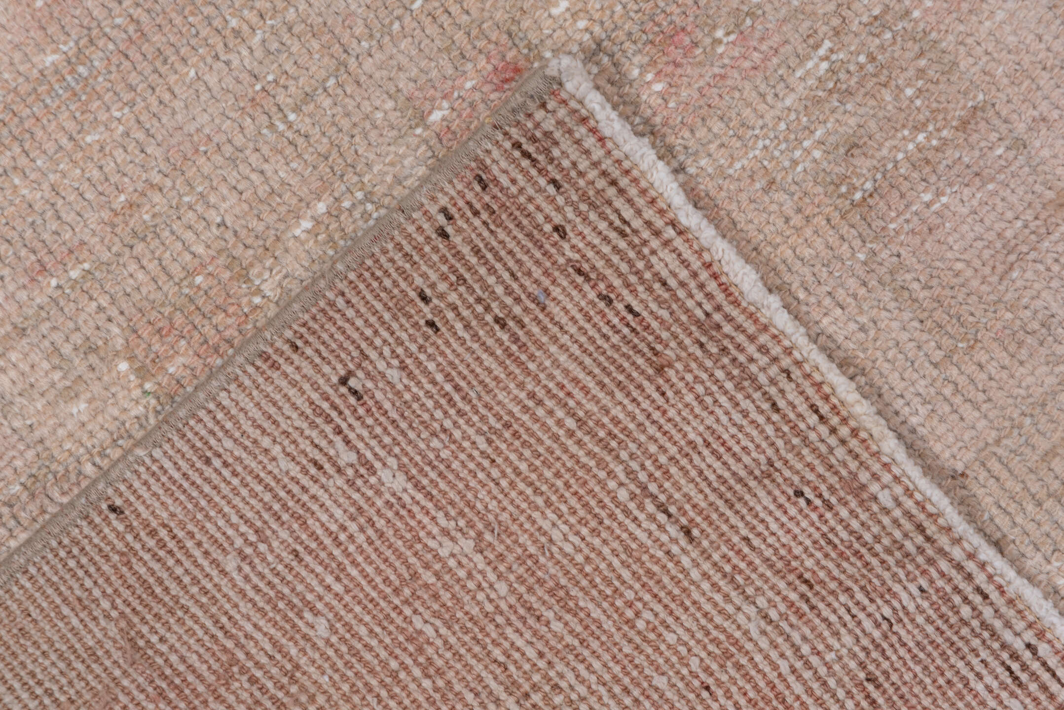 2' x 5' one-of-a-kind handmade vintage Oushak small size rug. Color palette: blush, ivory, taupe, beige, rose, camel, pink