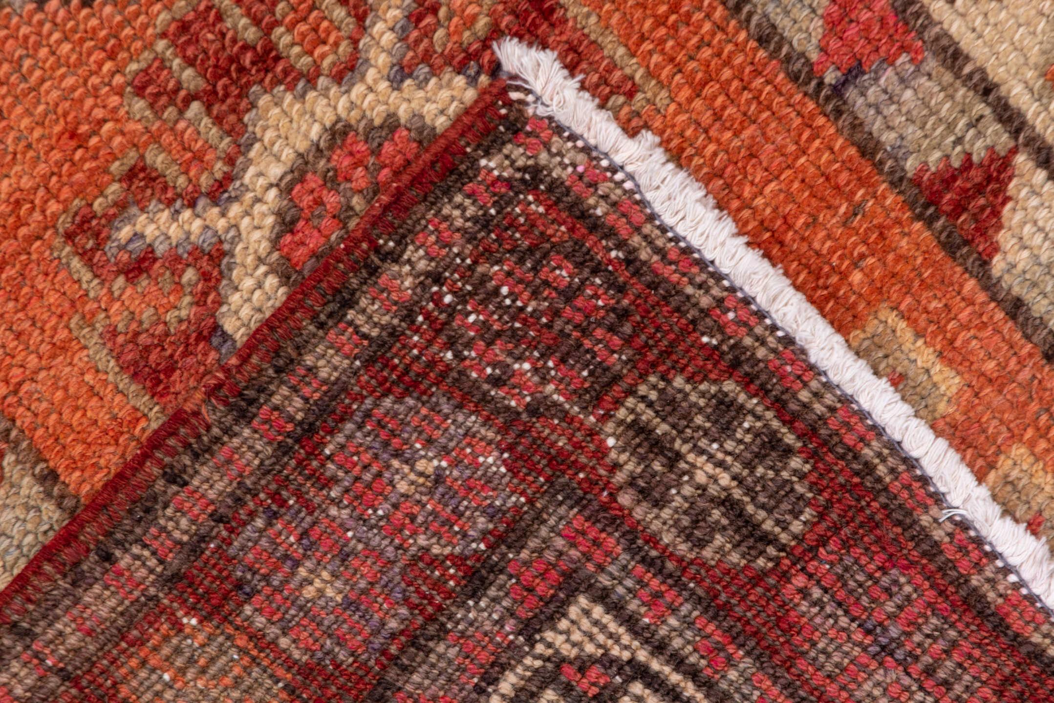 2' x 12' one-of-a-kind handmade vintage Oushak runner rug. Color palette: brown, pink, red, redwood