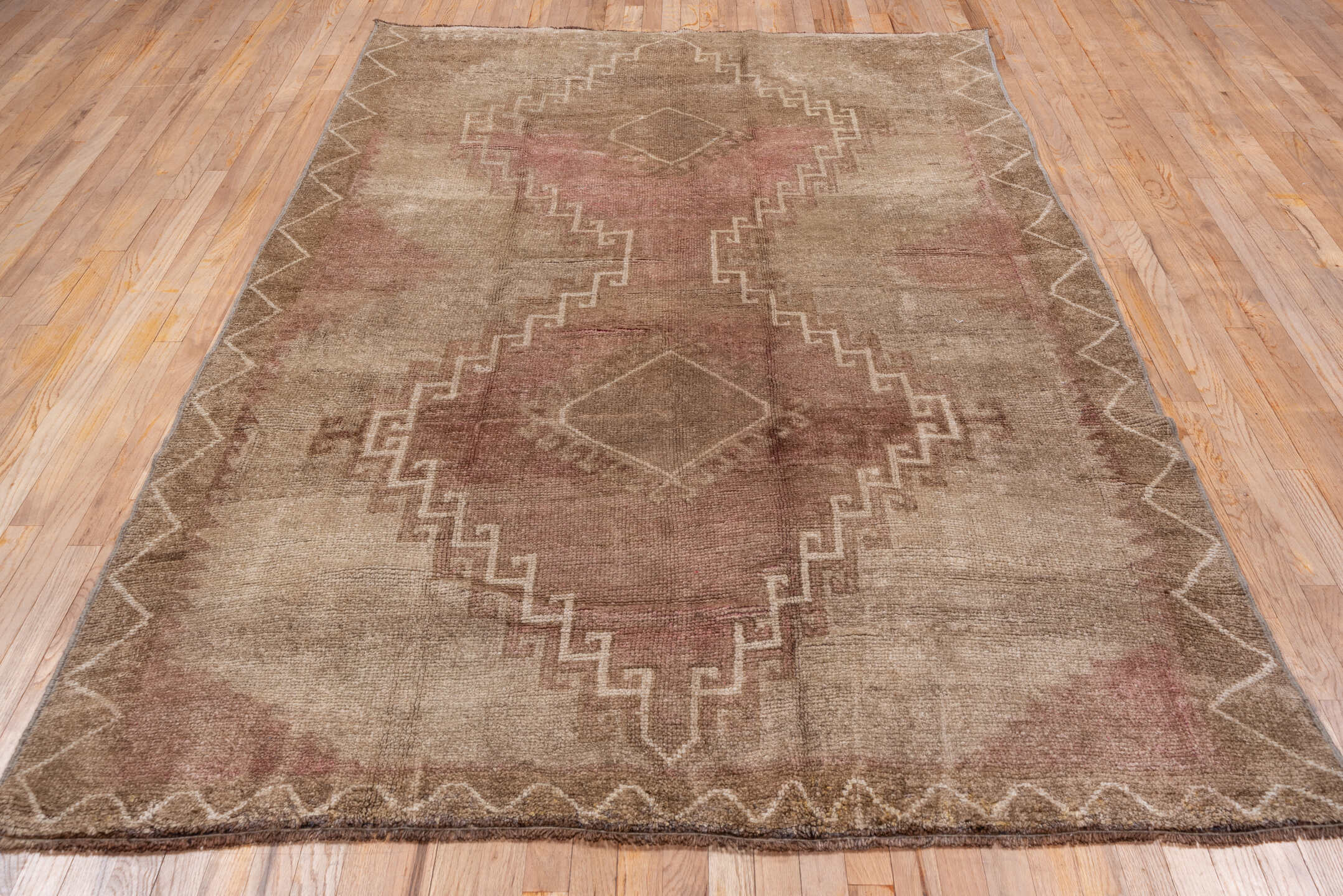 6' x 9' one-of-a-kind handmade vintage Oushak medium size rug. Color palette: brown, gray, light gray, off-white, pink, snow