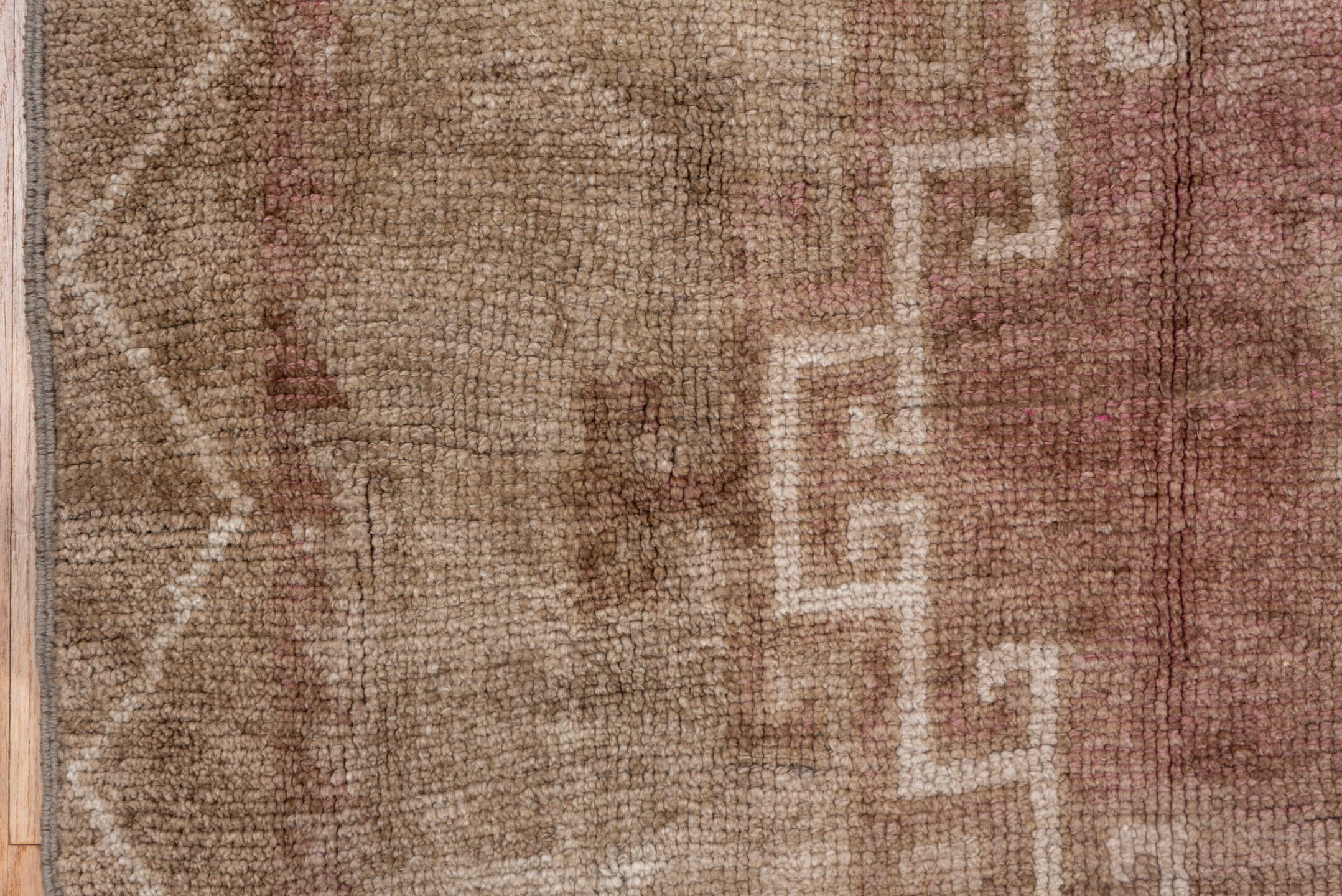 6' x 9' one-of-a-kind handmade vintage Oushak medium size rug. Color palette: brown, gray, light gray, off-white, pink, snow