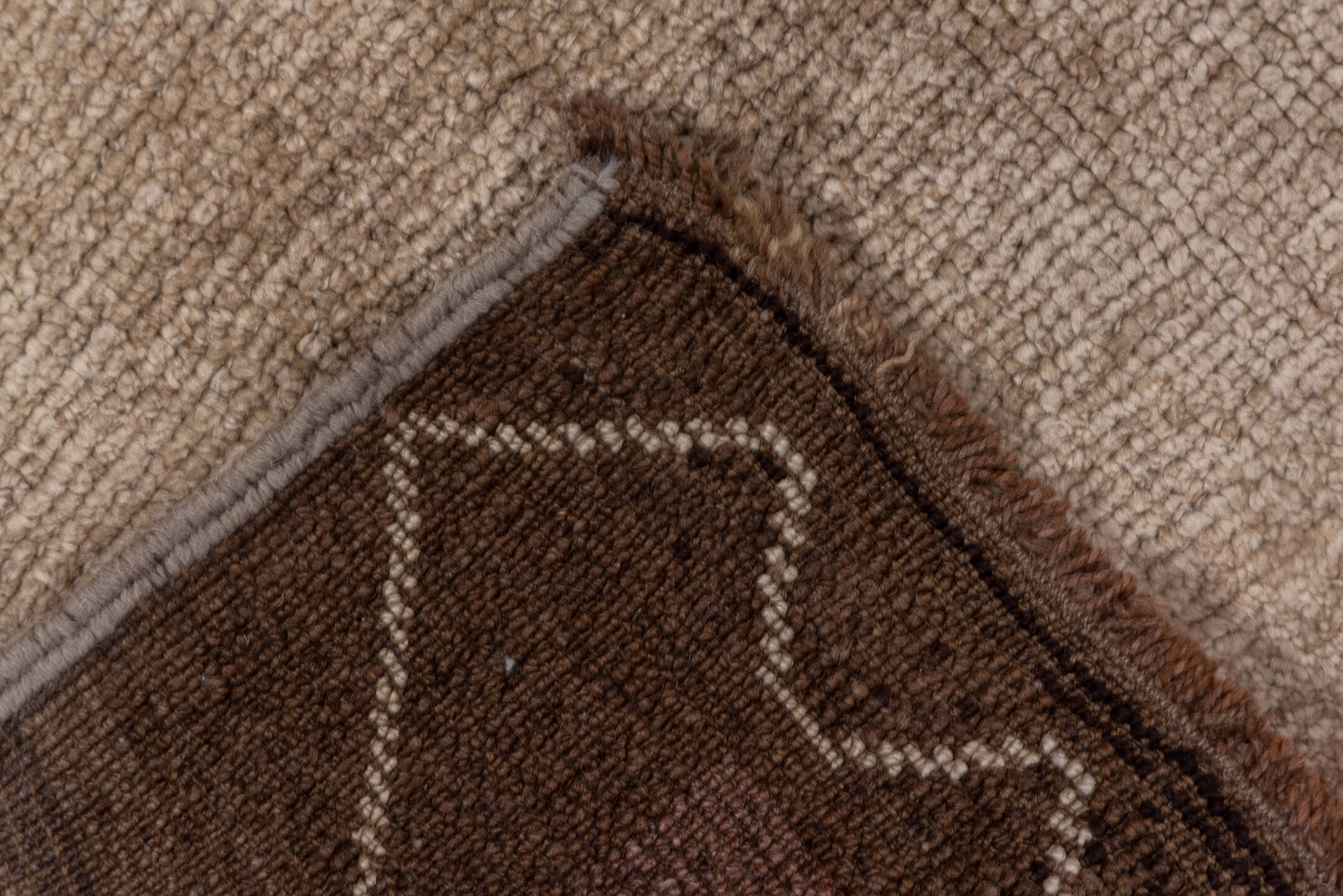 6' x 9' one-of-a-kind handmade vintage Oushak medium size rug. Color palette: brown, gray, light gray, off-white, pink, snow