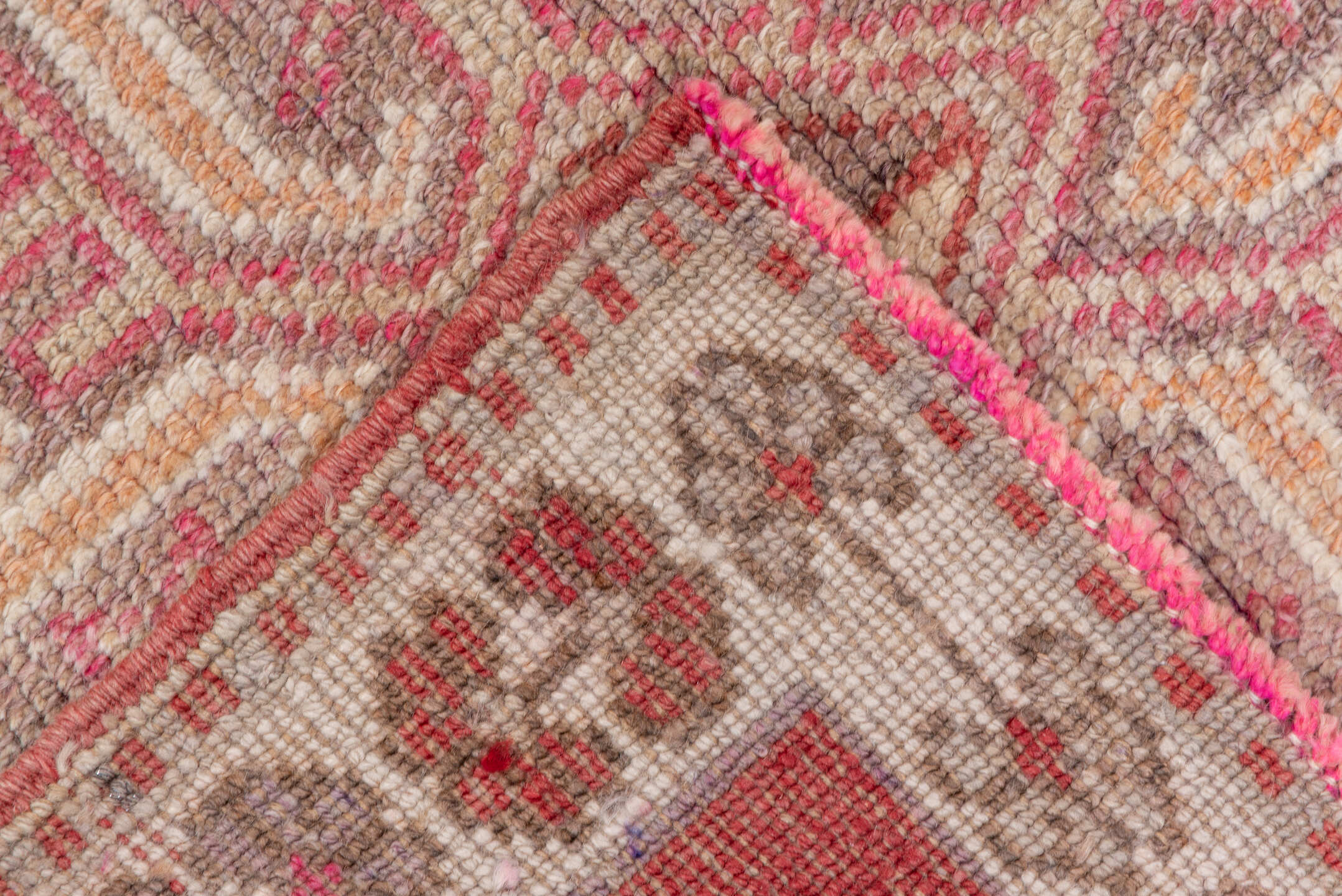 2' x 12' one-of-a-kind handmade vintage Oushak runner rug. Color palette: brown, gray, light gray, off-white, pink, snow