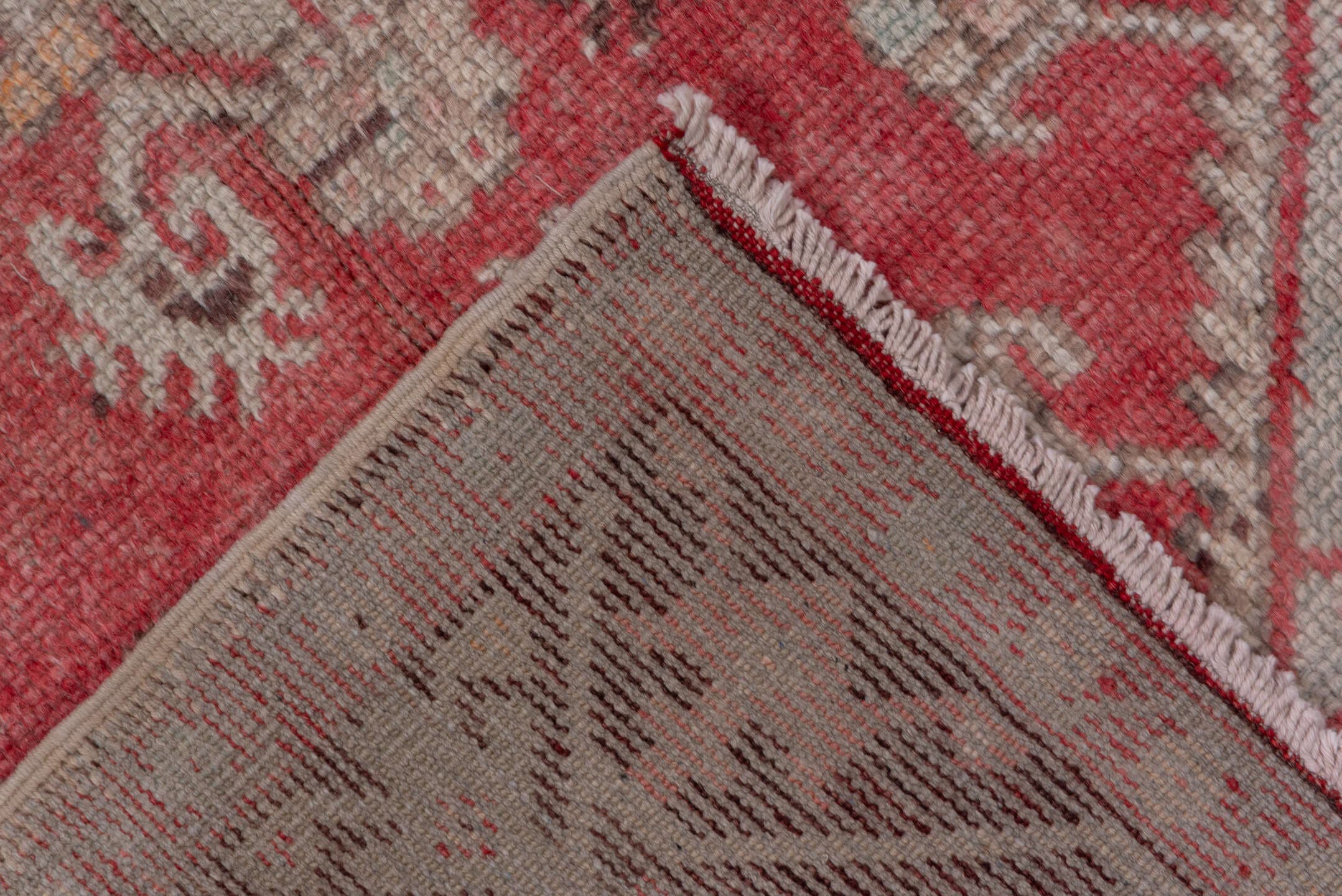 3' x 10' one-of-a-kind handmade antique Oushak runner rug. Color palette: rose, ivory, burgundy, brown, blush, taupe, camel