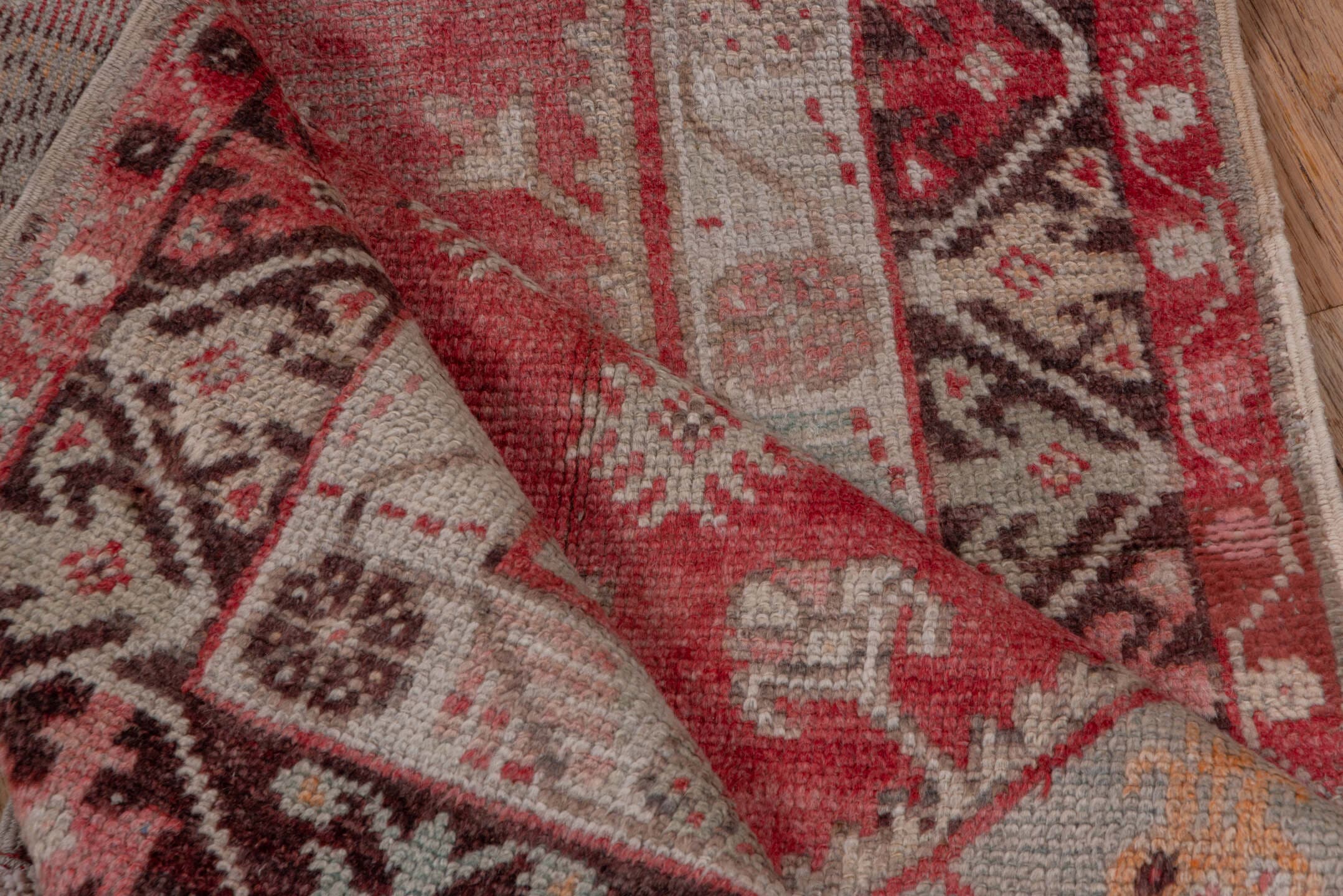 3' x 10' one-of-a-kind handmade antique Oushak runner rug. Color palette: rose, ivory, burgundy, brown, blush, taupe, camel