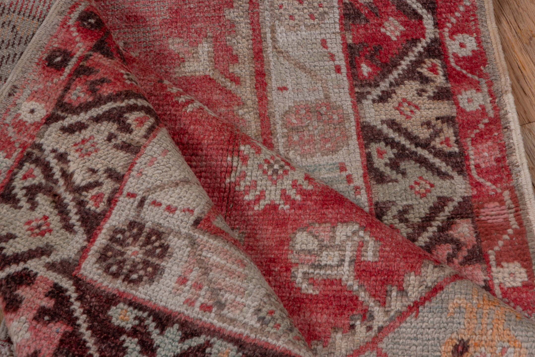 3' x 10' one-of-a-kind handmade vintage Oushak runner rug. Color palette: brown, gray, light gray, off-white, pink, red