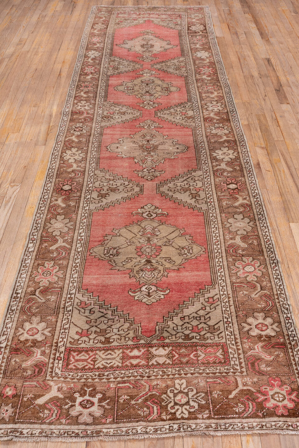 3' x 13' one-of-a-kind handmade antique Oushak runner rug. Color palette: coral, taupe, brown, ivory, rose, camel