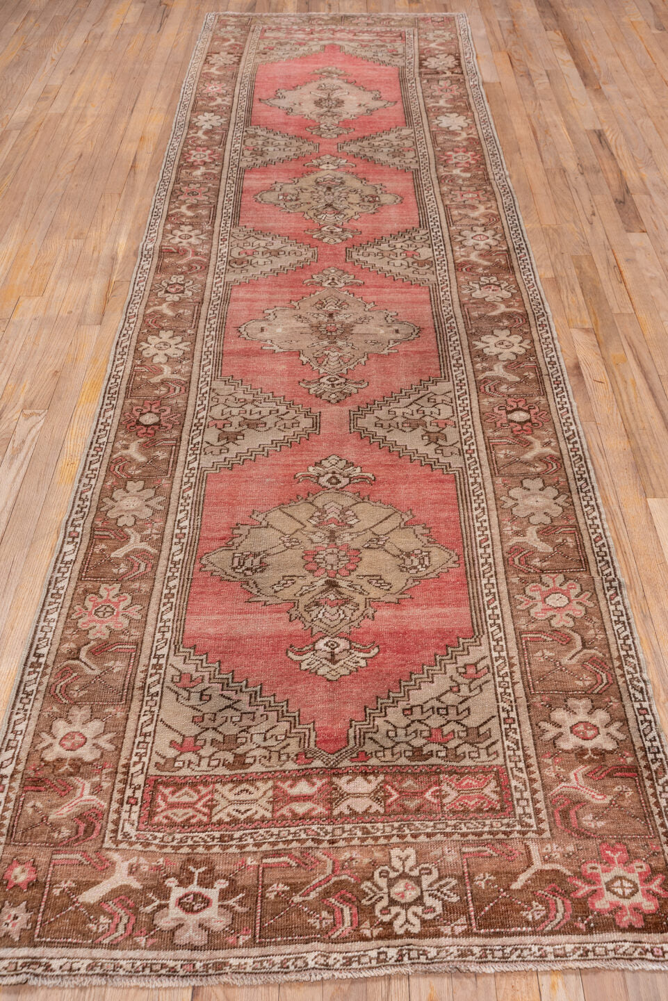 3' x 13' one-of-a-kind handmade antique Oushak runner rug. Color palette: coral, taupe, brown, ivory, rose, camel