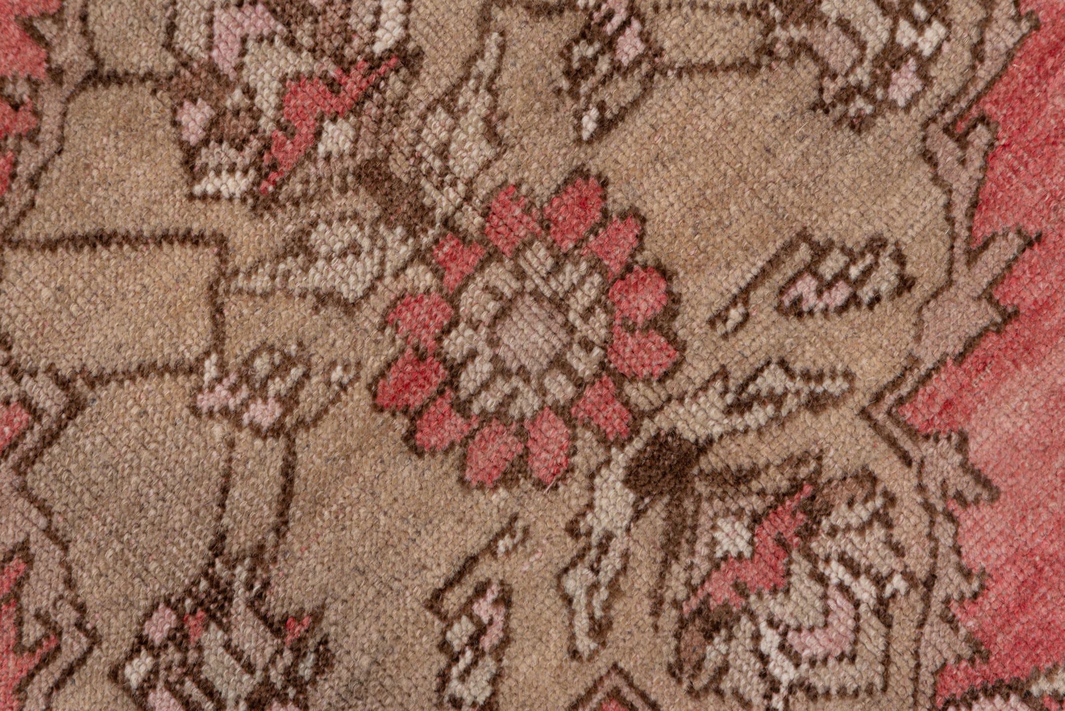 3' x 13' one-of-a-kind handmade antique Oushak runner rug. Color palette: coral, taupe, brown, ivory, rose, camel