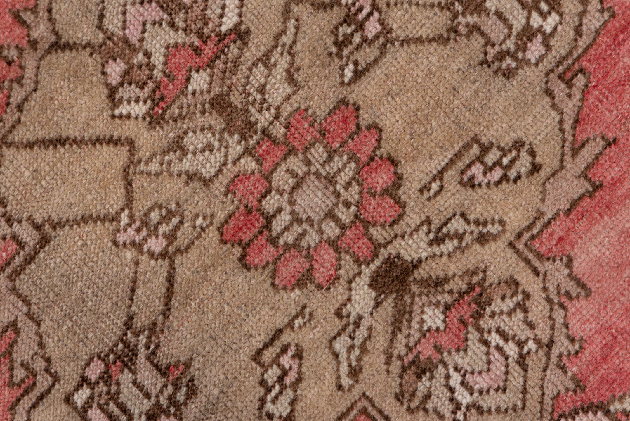 3' x 13' one-of-a-kind handmade antique Oushak runner rug. Color palette: coral, taupe, brown, ivory, rose, camel