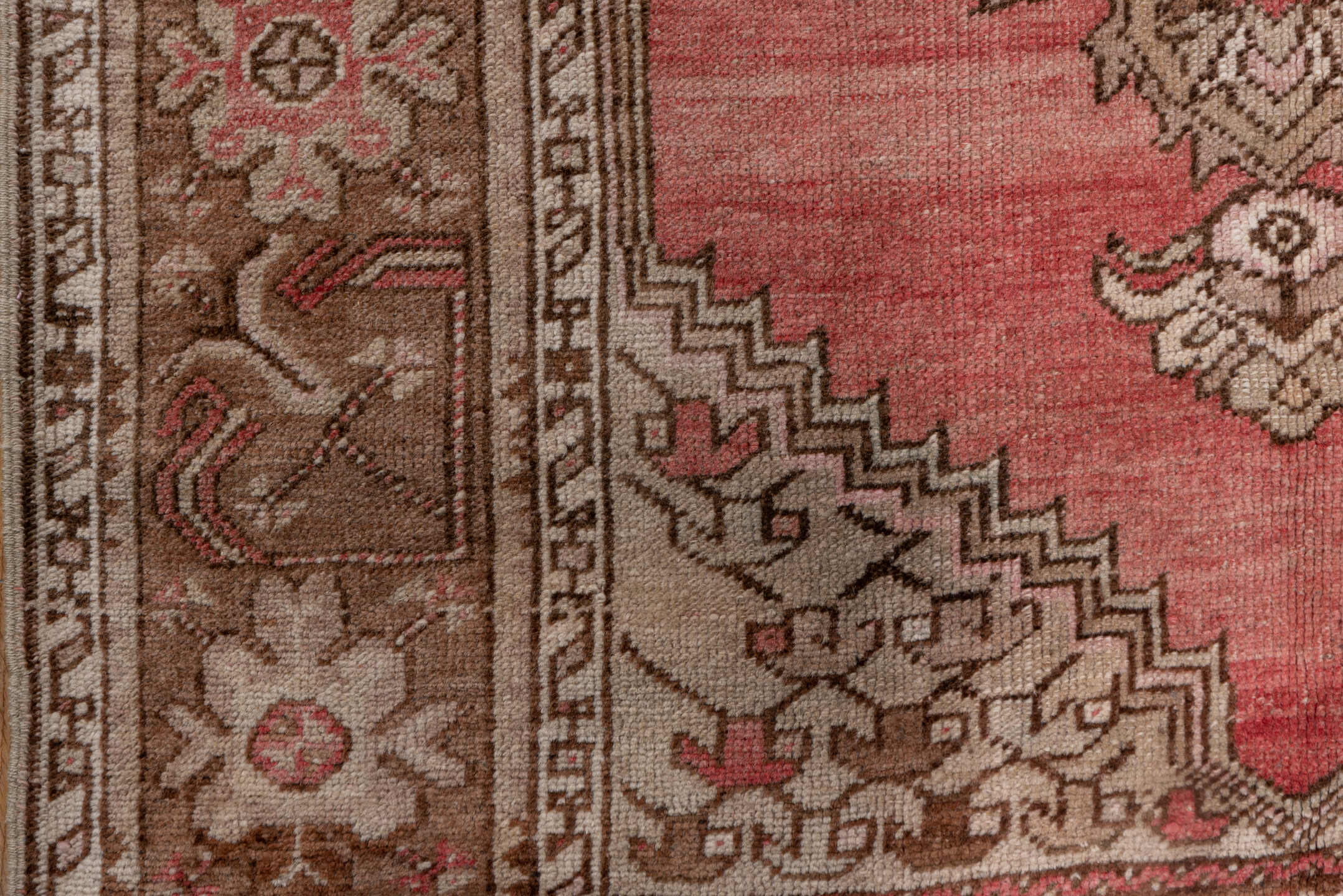 3' x 13' one-of-a-kind handmade antique Oushak runner rug. Color palette: coral, taupe, brown, ivory, rose, camel