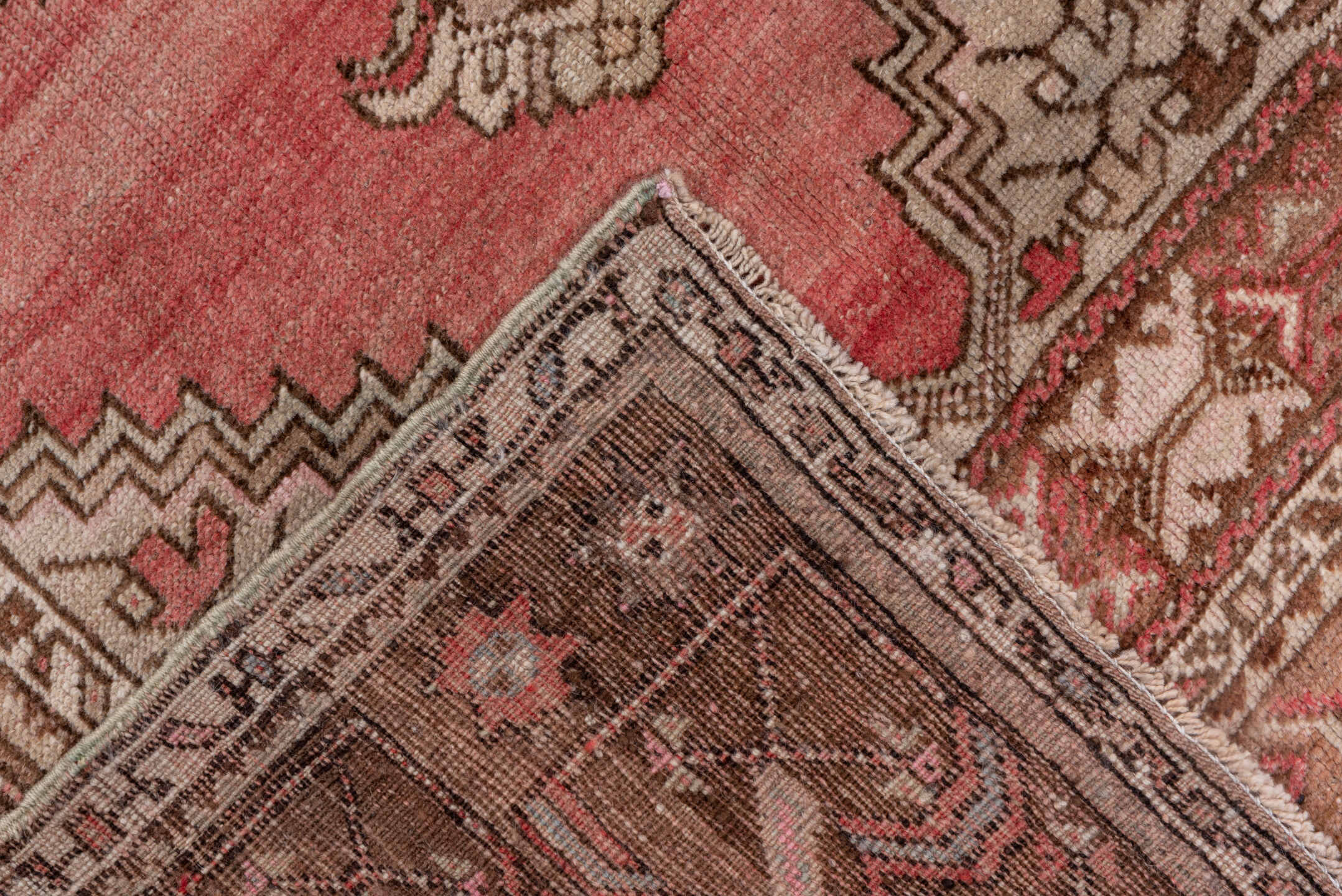 3' x 13' one-of-a-kind handmade antique Oushak runner rug. Color palette: coral, taupe, brown, ivory, rose, camel