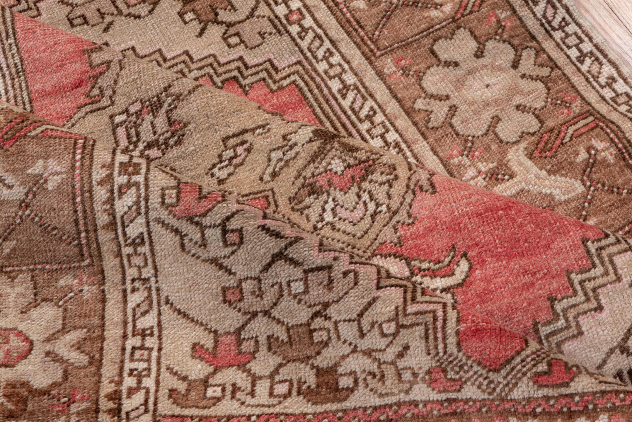3' x 13' one-of-a-kind handmade antique Oushak runner rug. Color palette: coral, taupe, brown, ivory, rose, camel