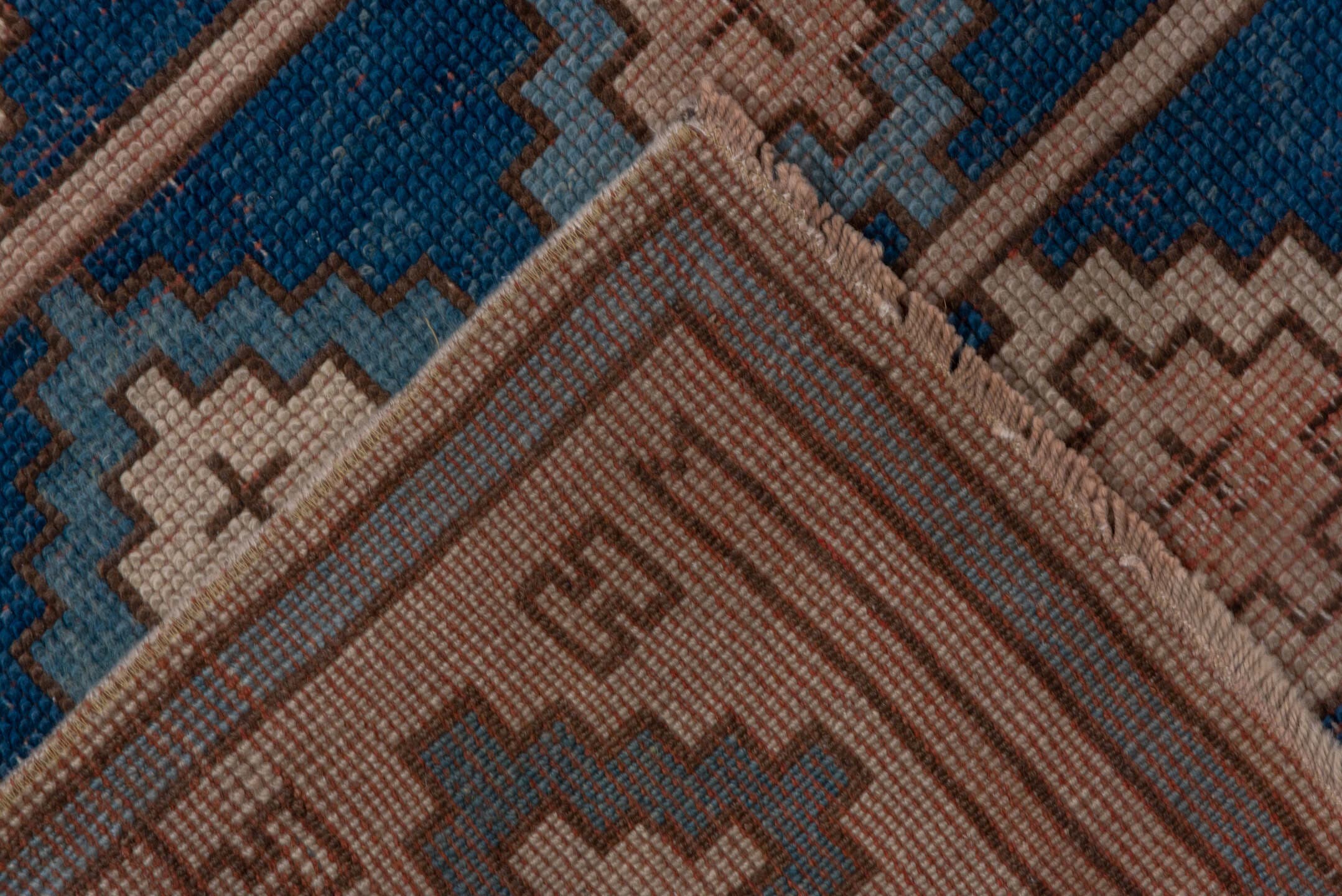 3' x 6' one-of-a-kind handmade vintage Oushak small size rug. Color palette: blue, ivory, taupe, sky_blue, brown, beige